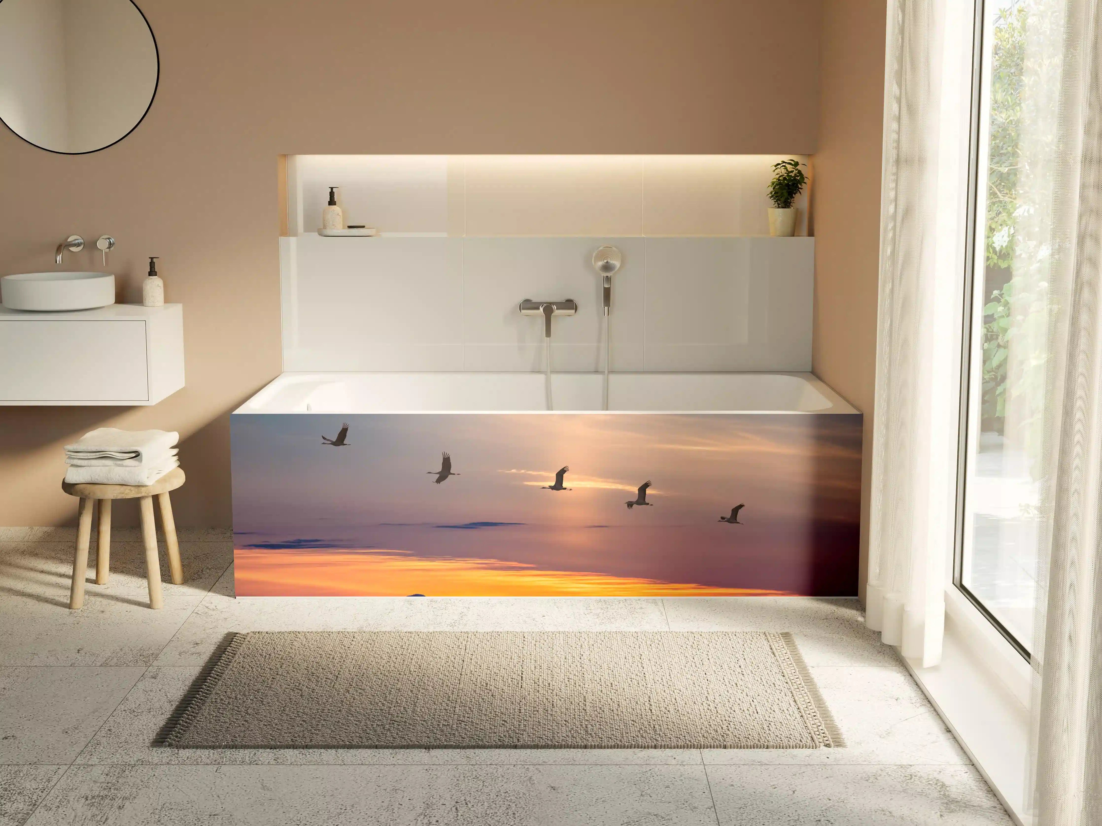 Badewannen-Rückwand - Zugvögel fliegen bei Sonnenuntergang