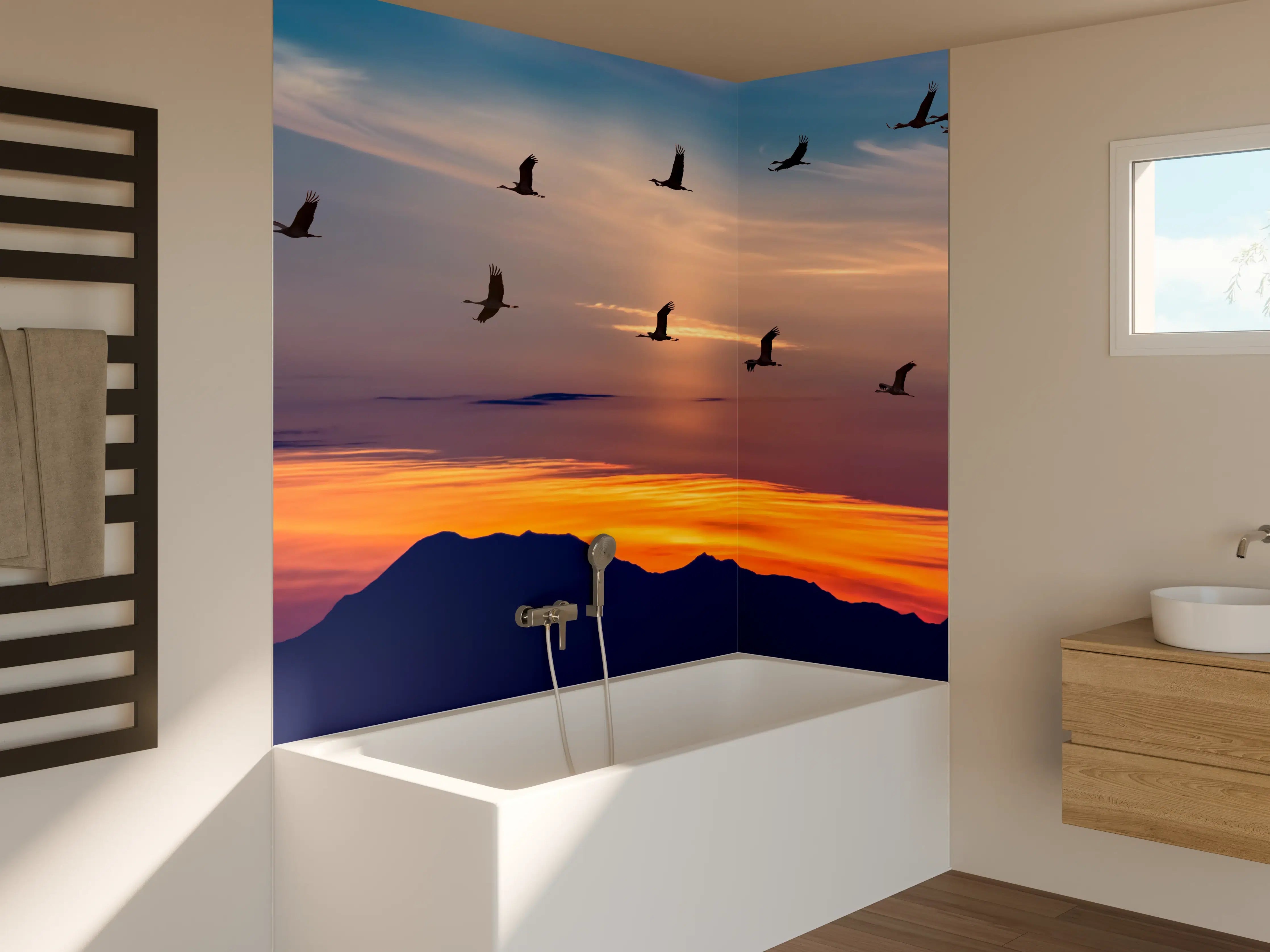 Badewannen-Rückwand - Zugvögel fliegen bei Sonnenuntergang