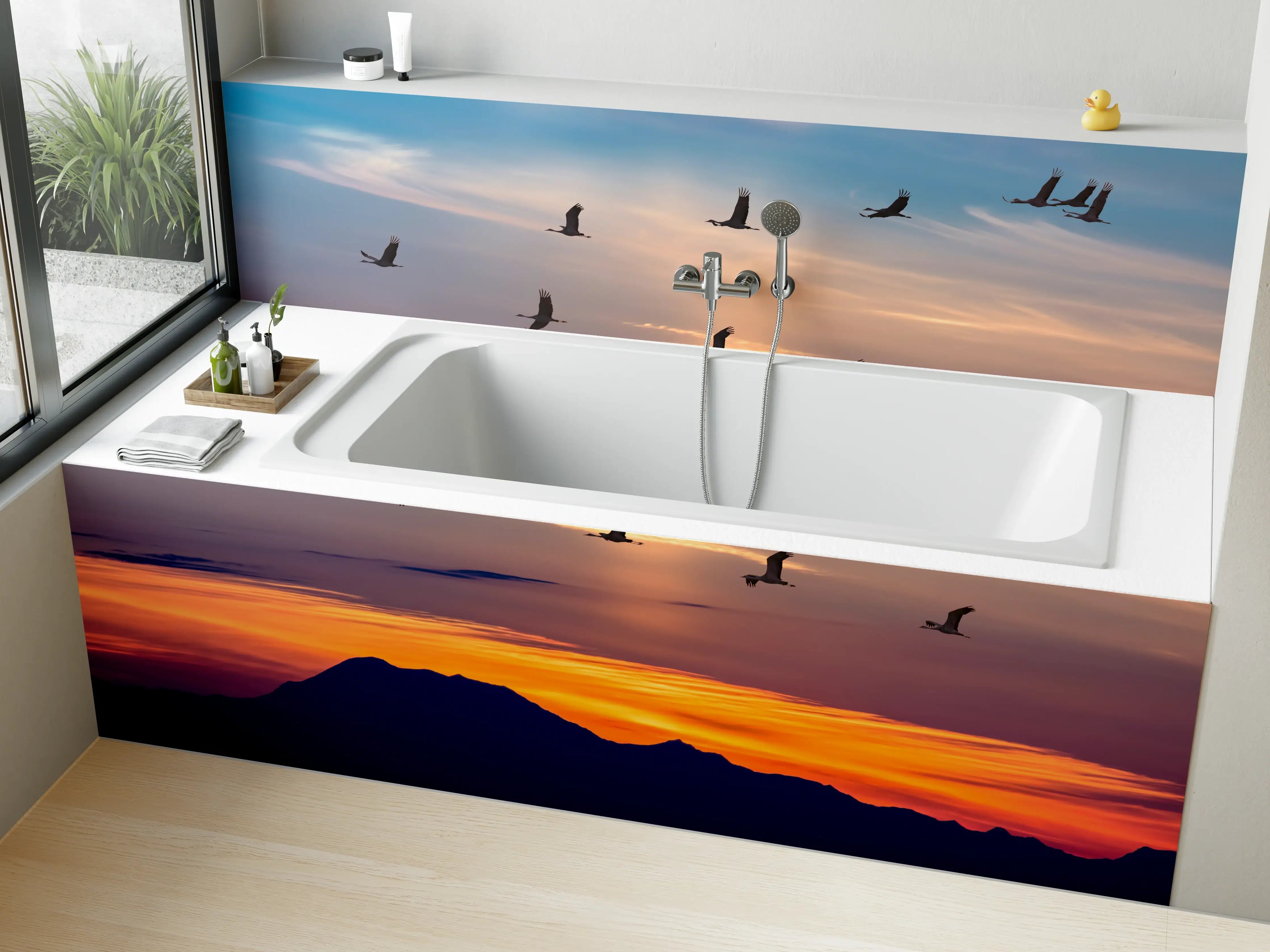 Badewannen-Rückwand - Zugvögel fliegen bei Sonnenuntergang