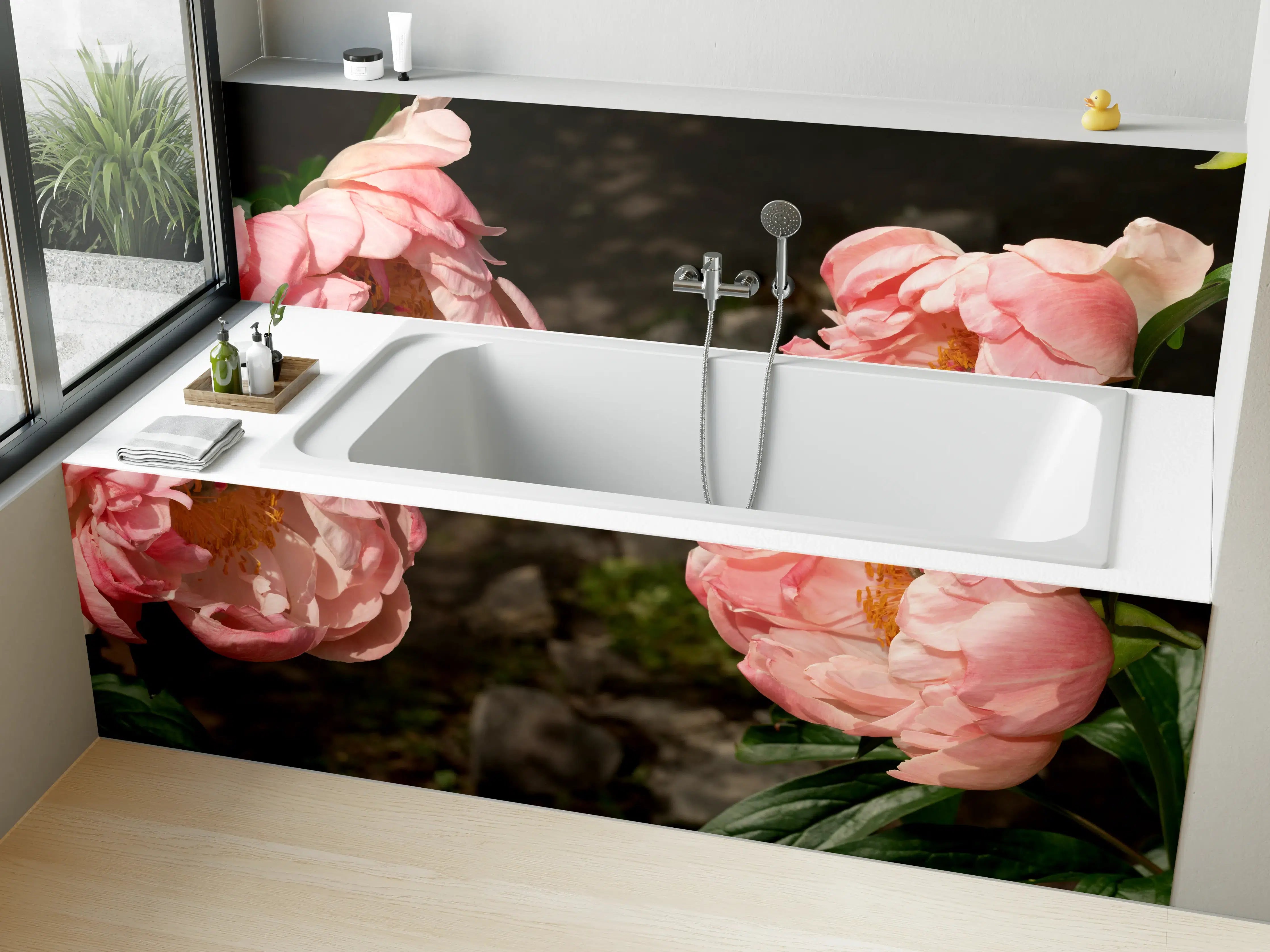 Badewannen-Rückwand - Zwei rosa Pfingstrosen in einem alten Garten.