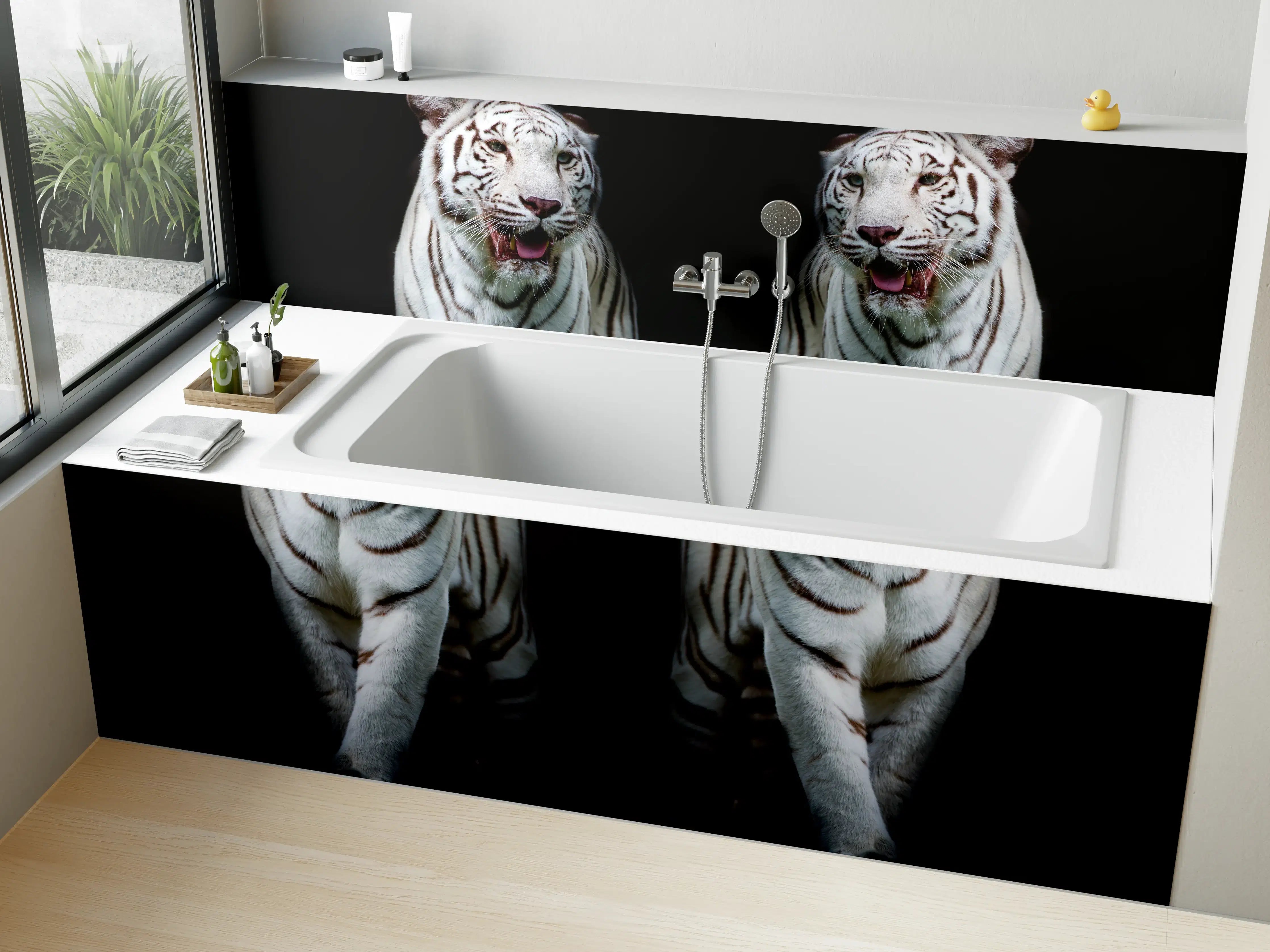 Badewannen-Rückwand - Zwei weiße Tiger auf schwarzem Hintergrund