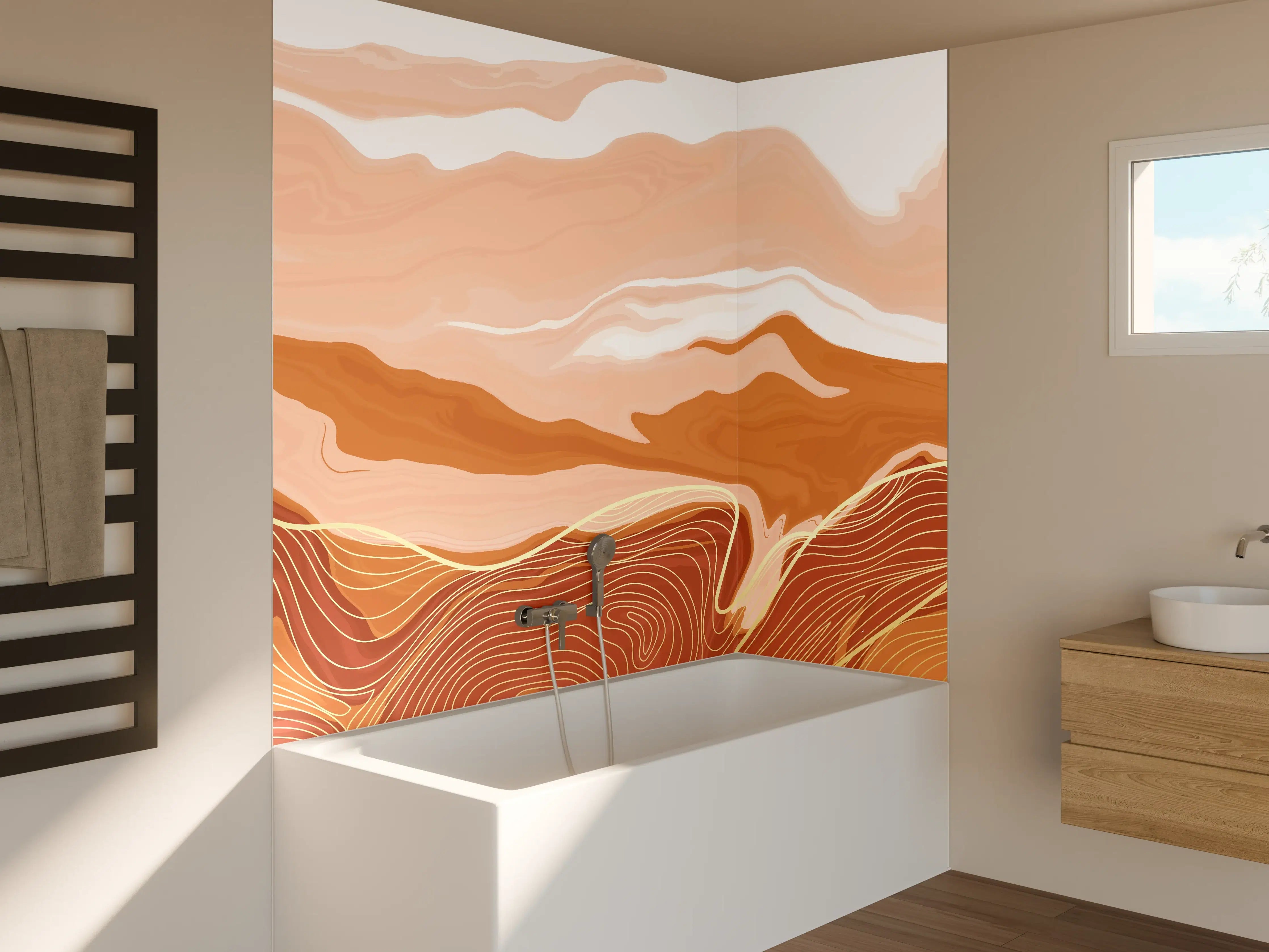 Badewannen-Rückwand - "Feine Grautöne in abstrakter Erdlinienkunst"