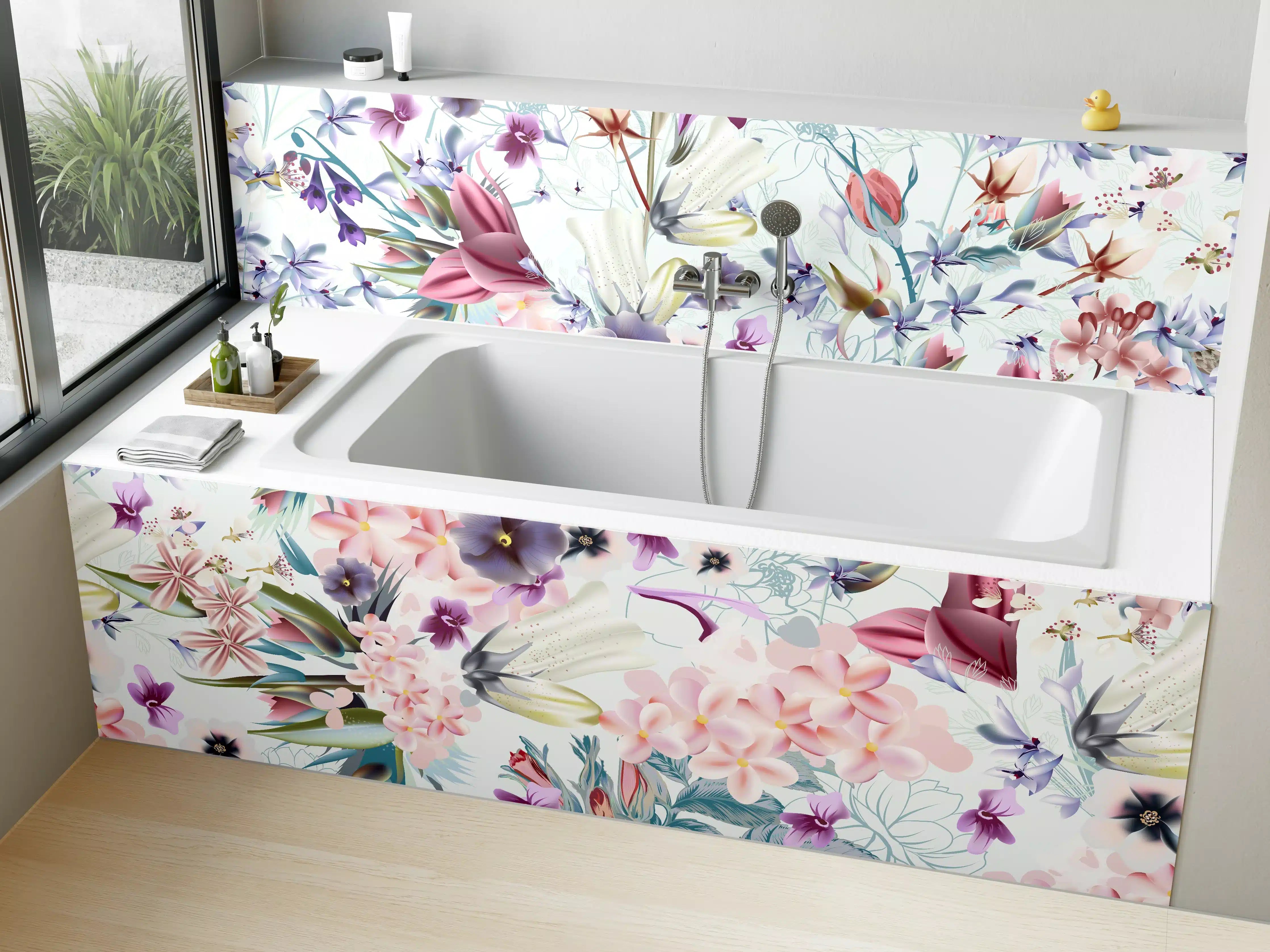 Badewannen-Rückwand - 'Helle Blumenmuster in Pastellfarben mit zarten Graunuancen'