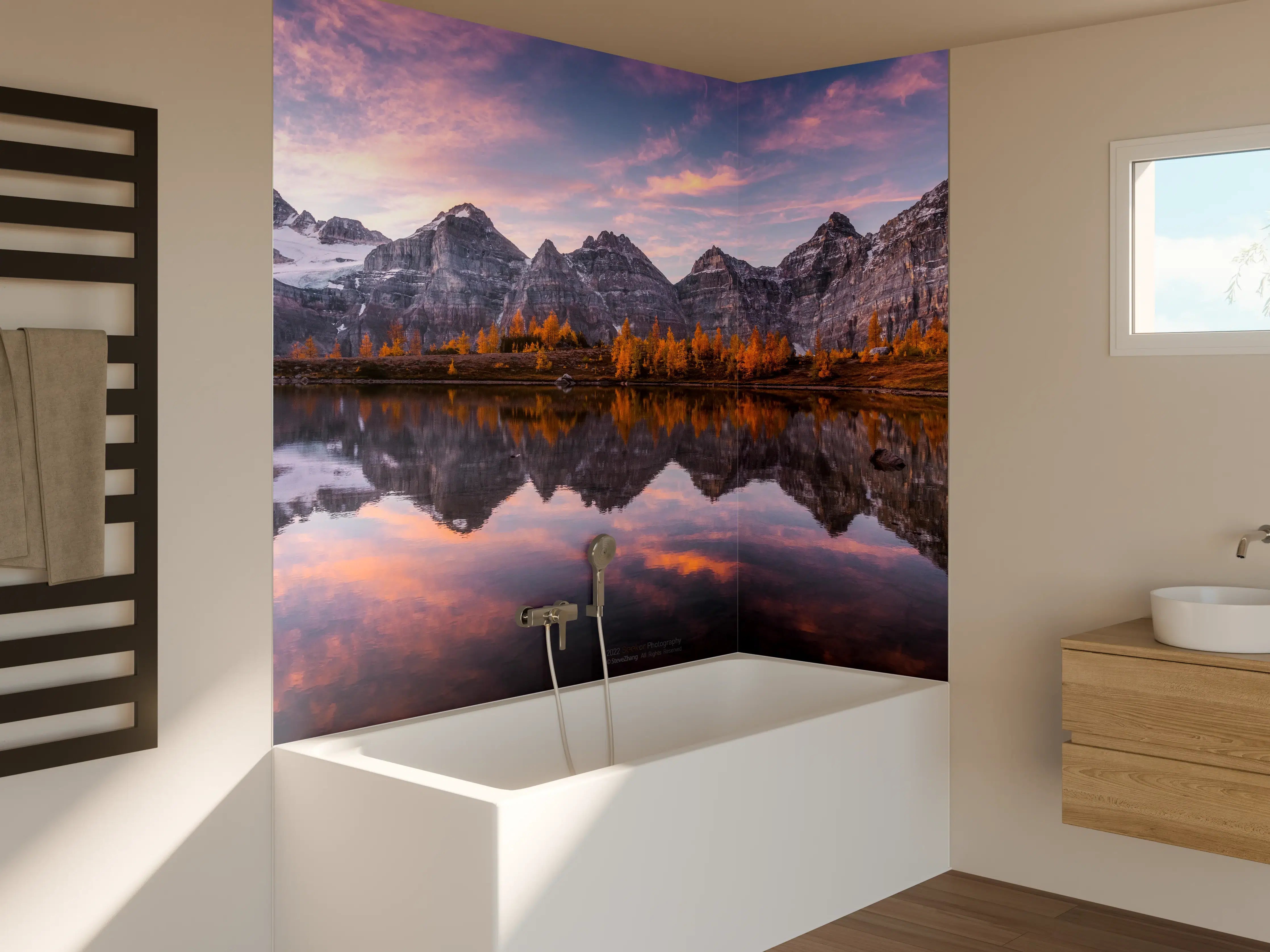 Badewannen-Rückwand - "Moderne Blumenmuster Leinwandbild in Blau und Grün - Handgemalt"