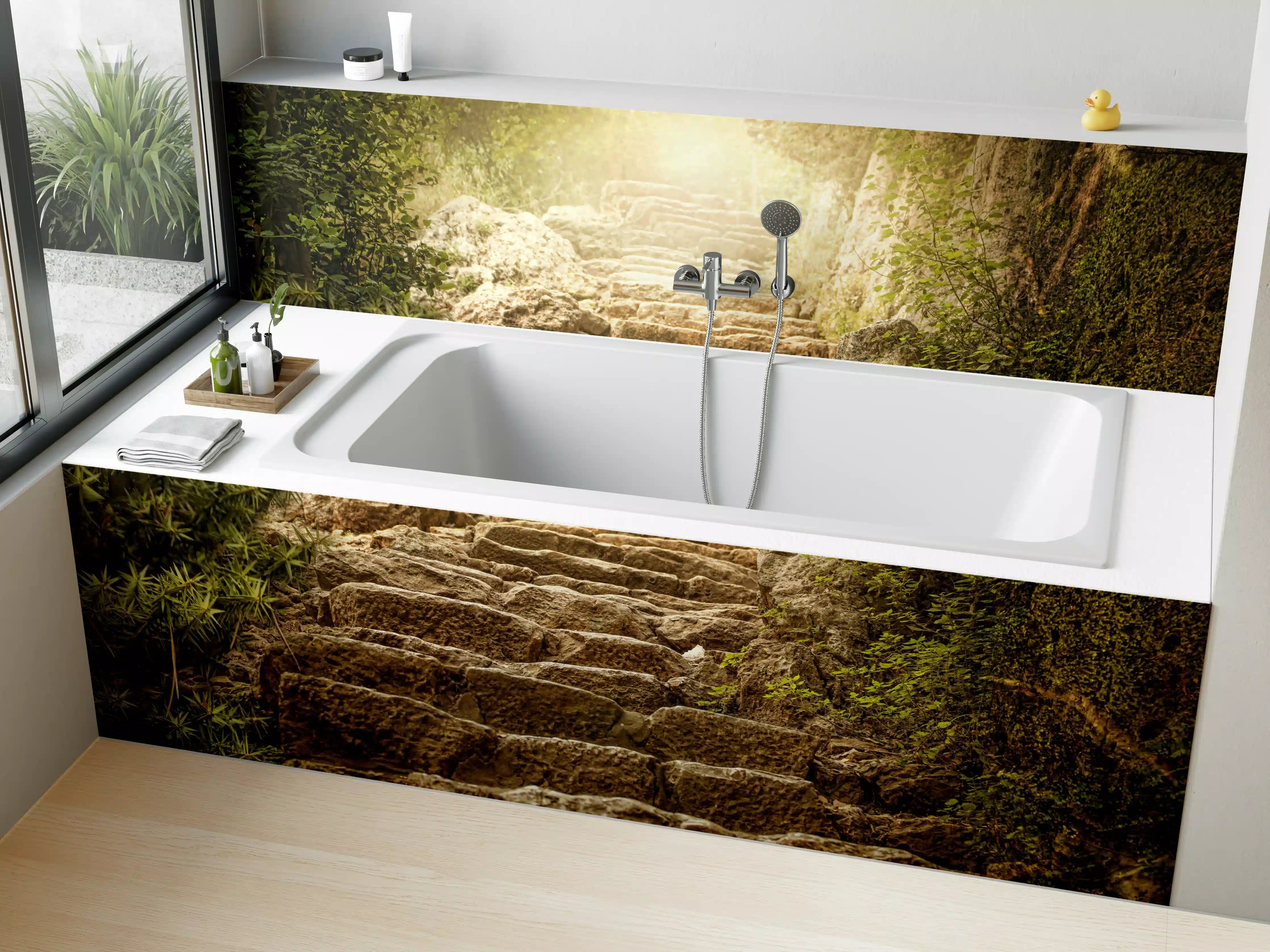 Badewannen-Rückwand - bewachsene Steintreppen in der Natur