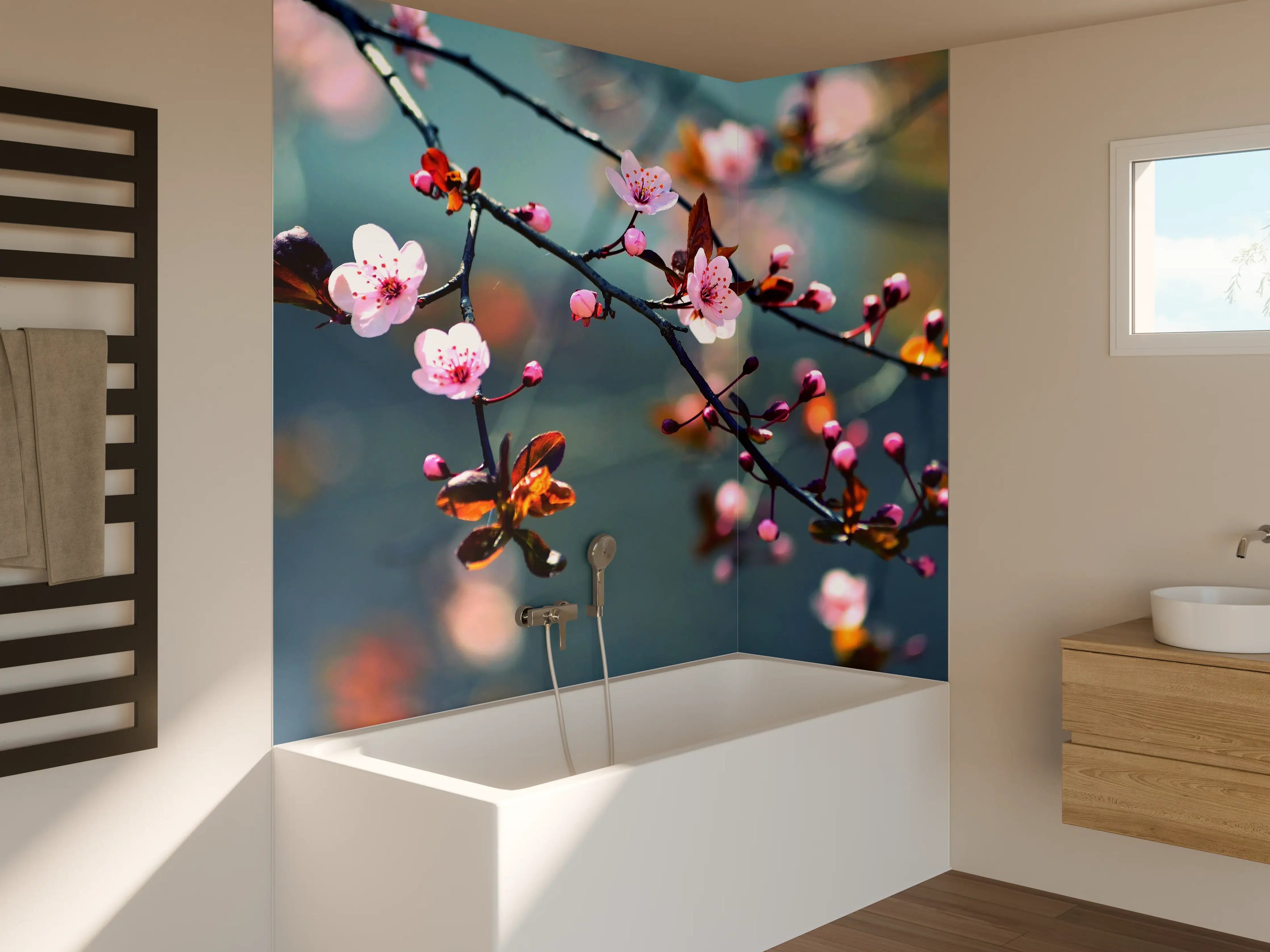 Badewannen-Rückwand - blühender japanischer Kirchblütenbaum