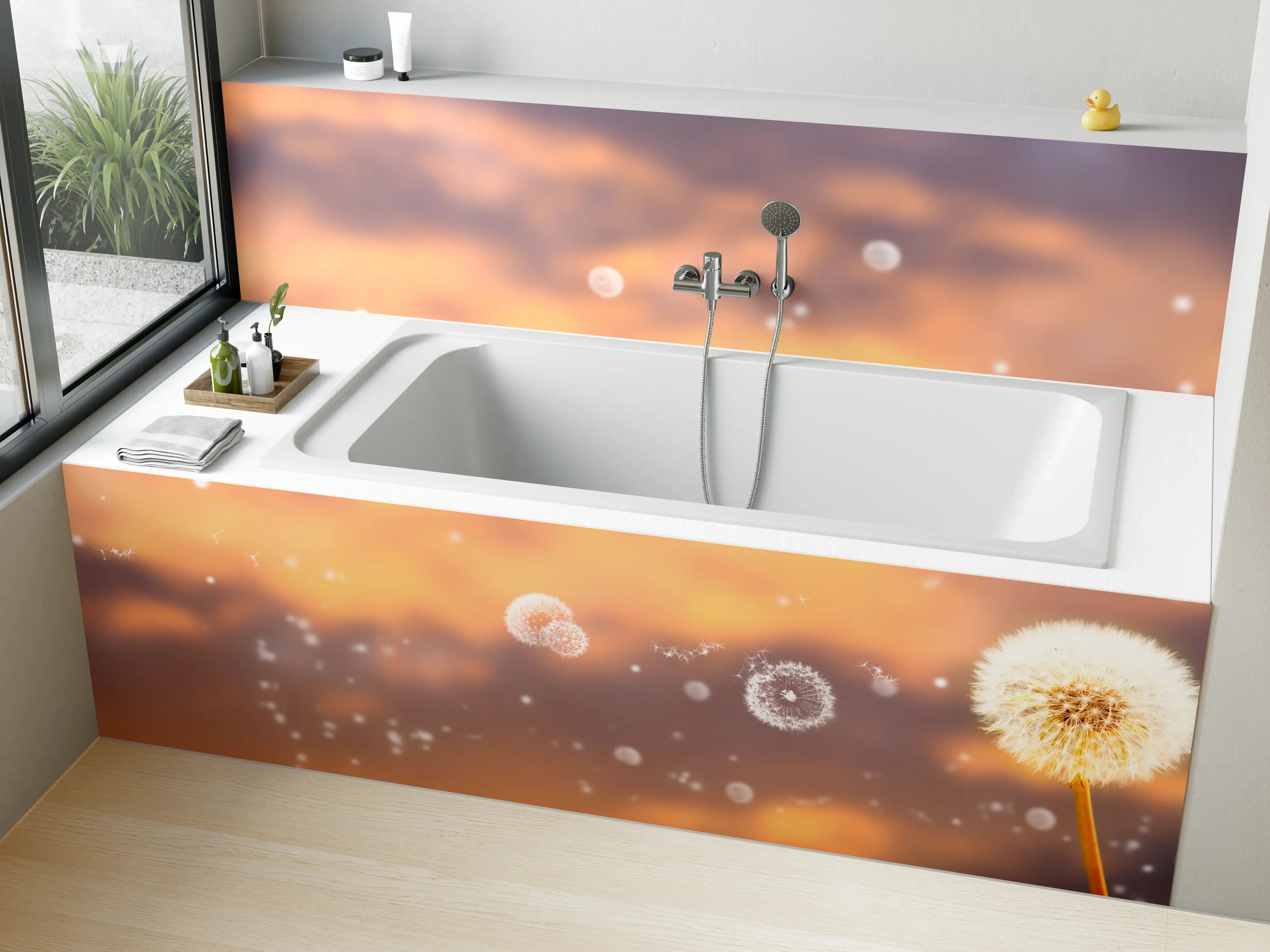 Badewannen-Rückwand - blütenstaub von pusteblumen in der abendsonne