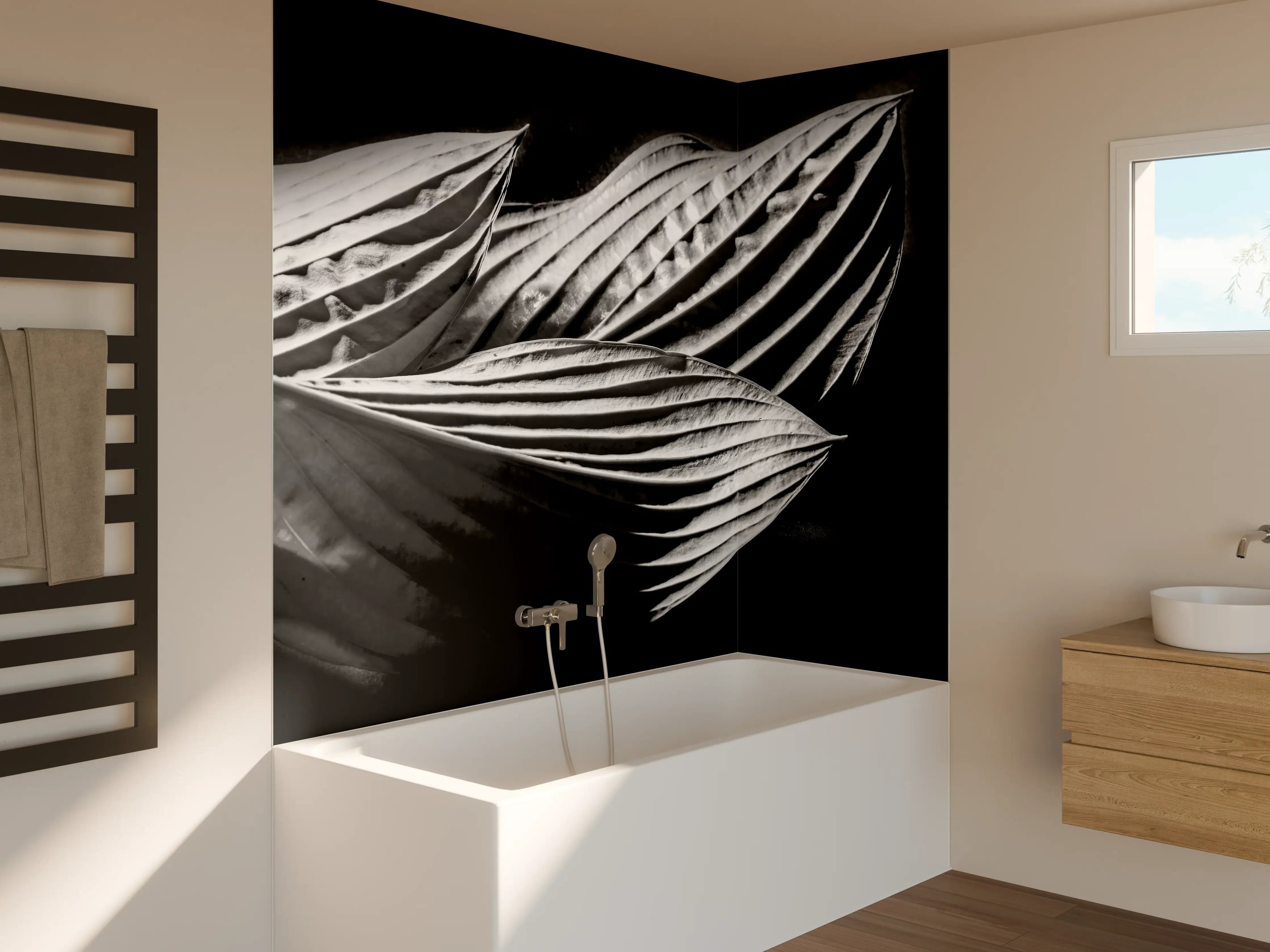 Badewannen-Rückwand - drei Blätter auf dunklem Hintergrund