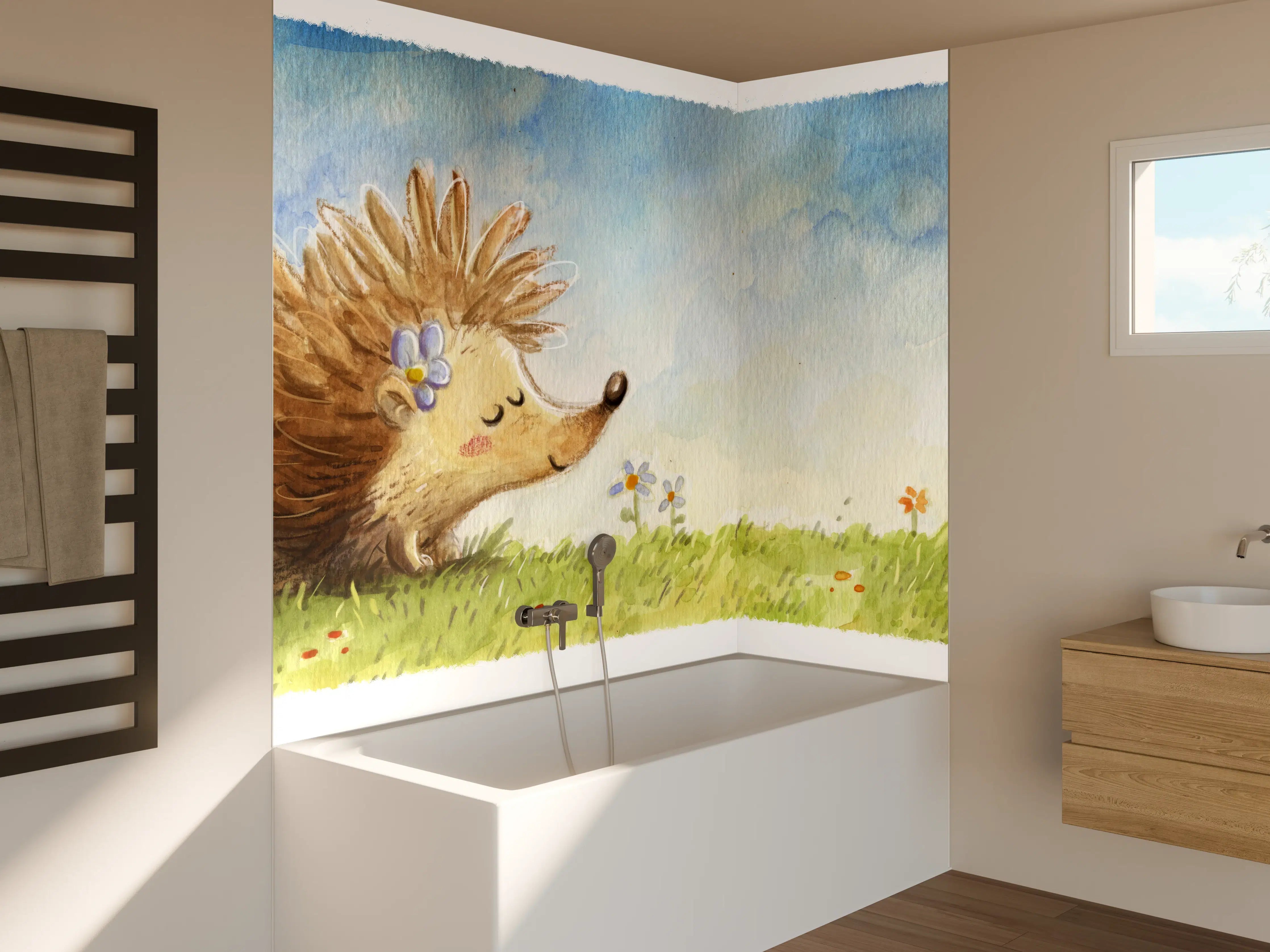Badewannen-Rückwand - fröhlicher Igel auf einer Wiese