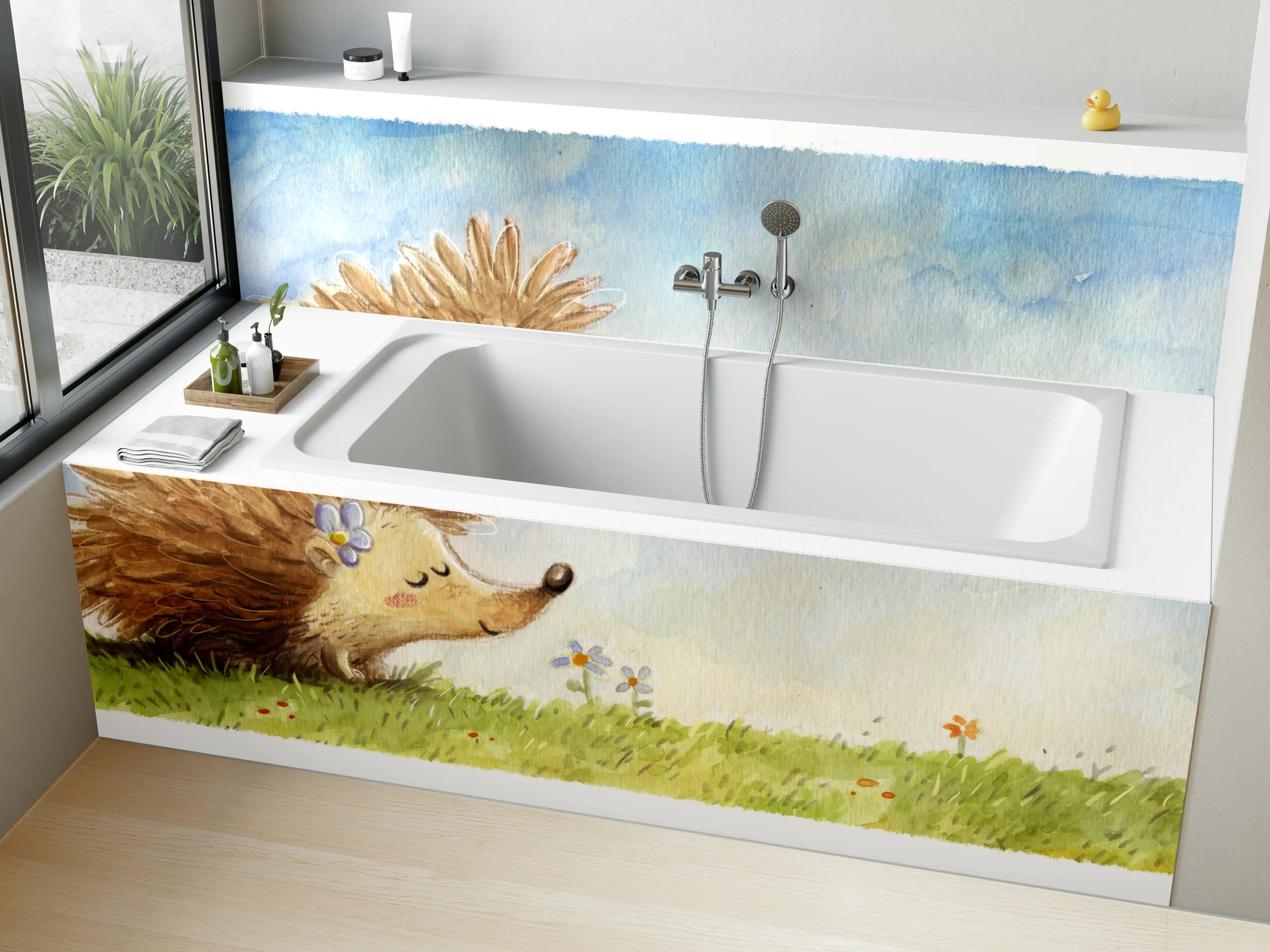 Badewannen-Rückwand - fröhlicher Igel auf einer Wiese