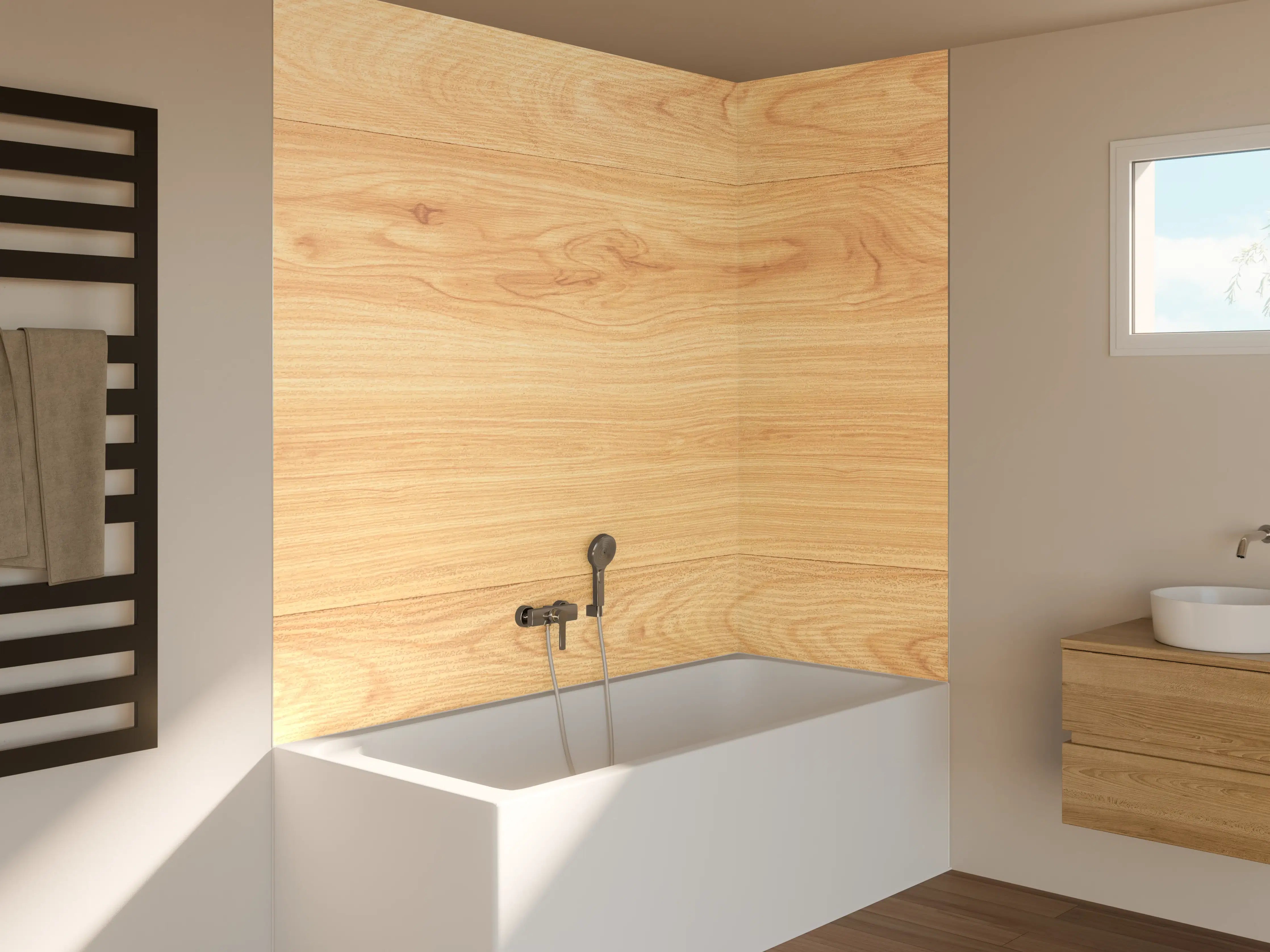 Badewannen-Rückwand - helle Holzmaserung