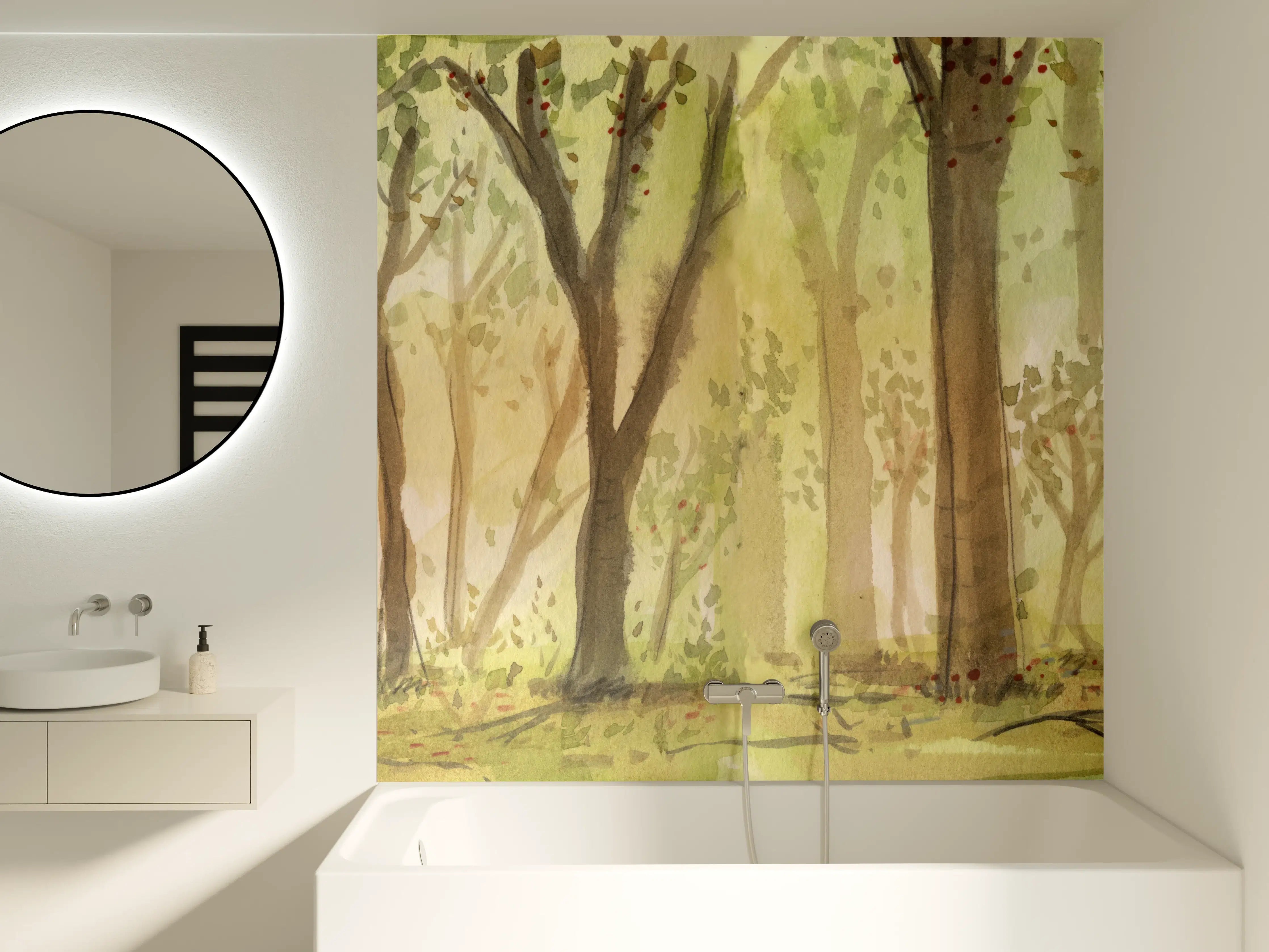 Badewannen-Rückwand - heller Aquarell Wald