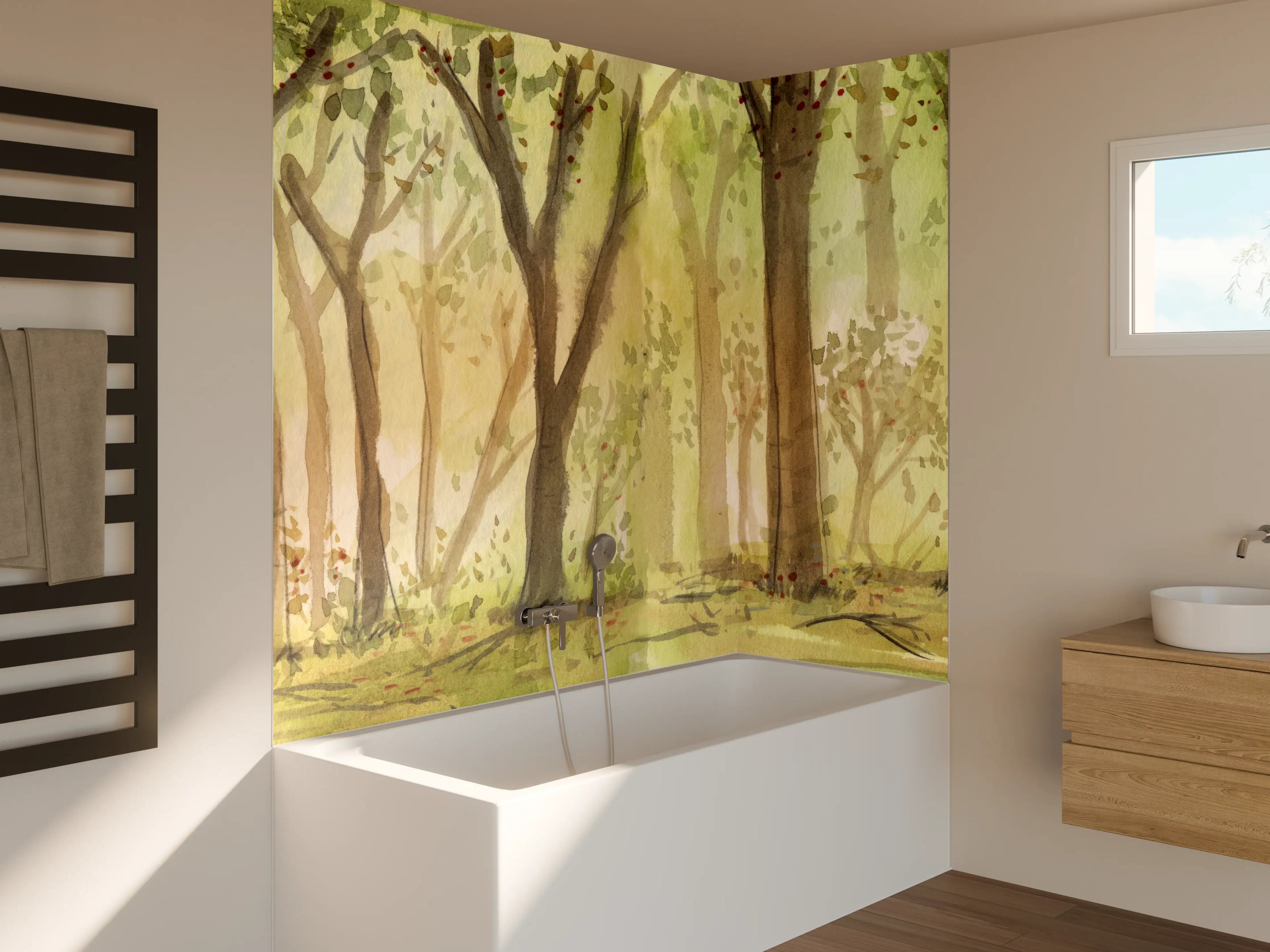 Badewannen-Rückwand - heller Aquarell Wald