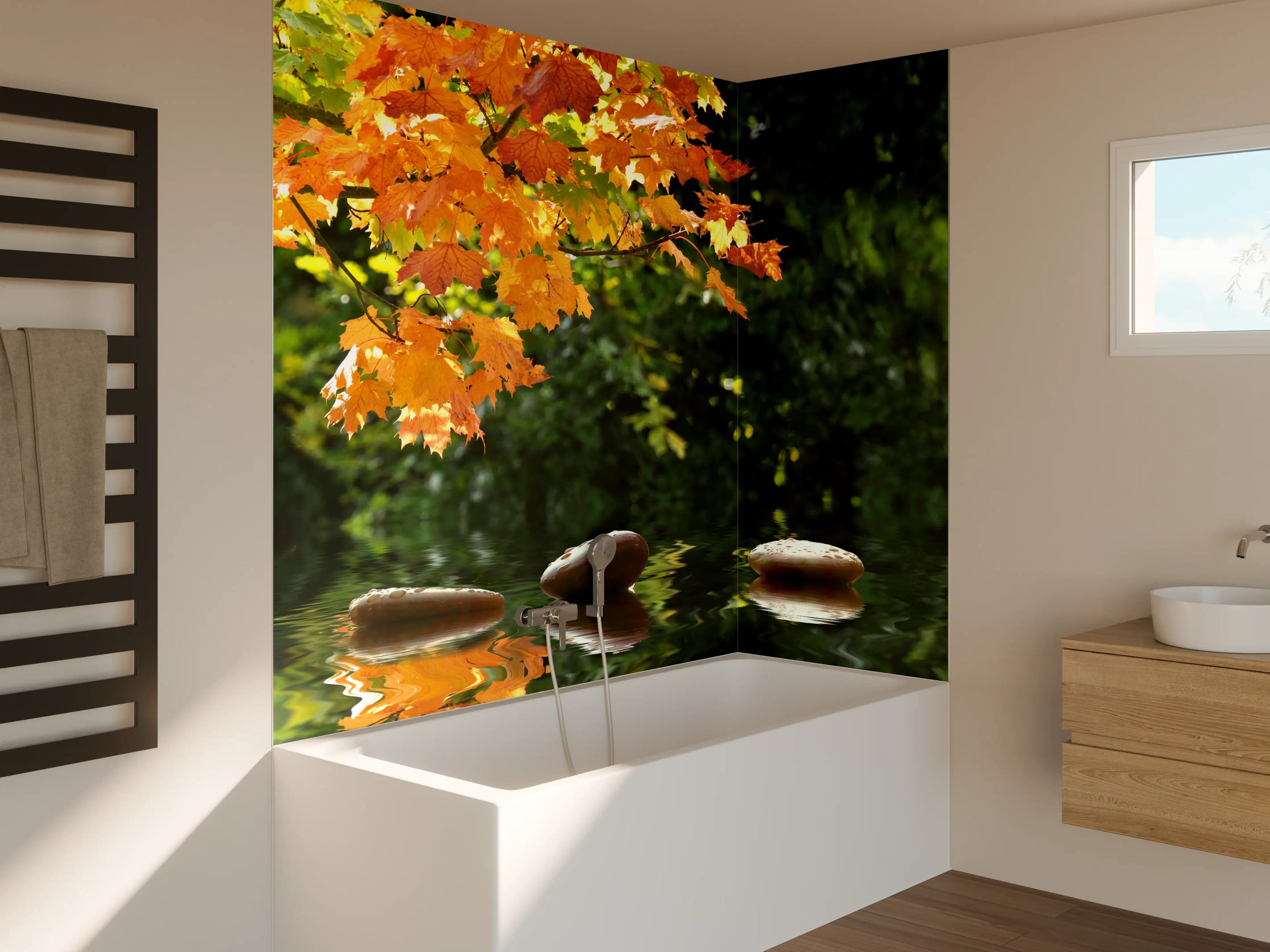 Badewannen-Rückwand - kraftvolle Steine im Teich