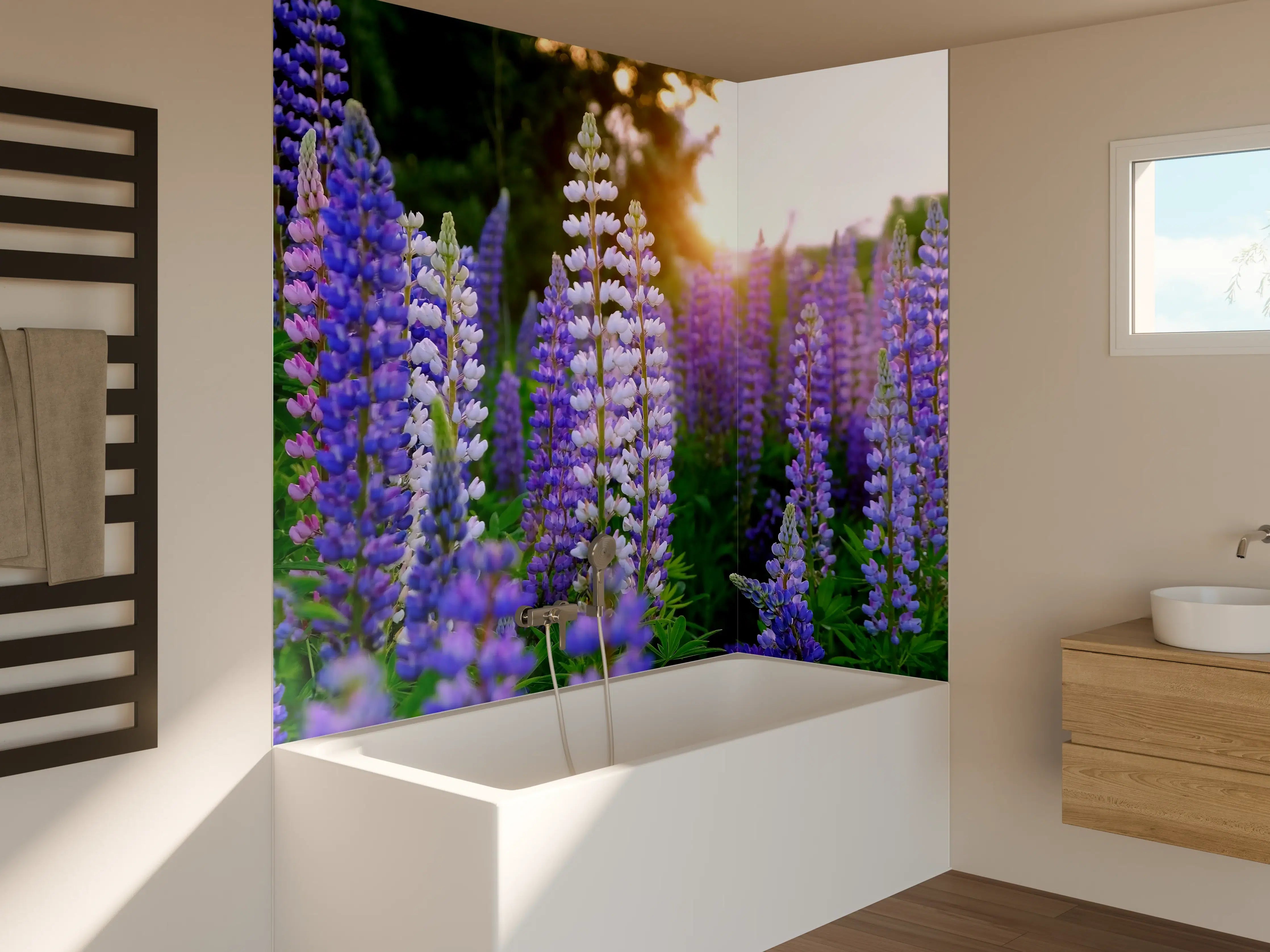 Badewannen-Rückwand - lila-rosa Lupine Blumen