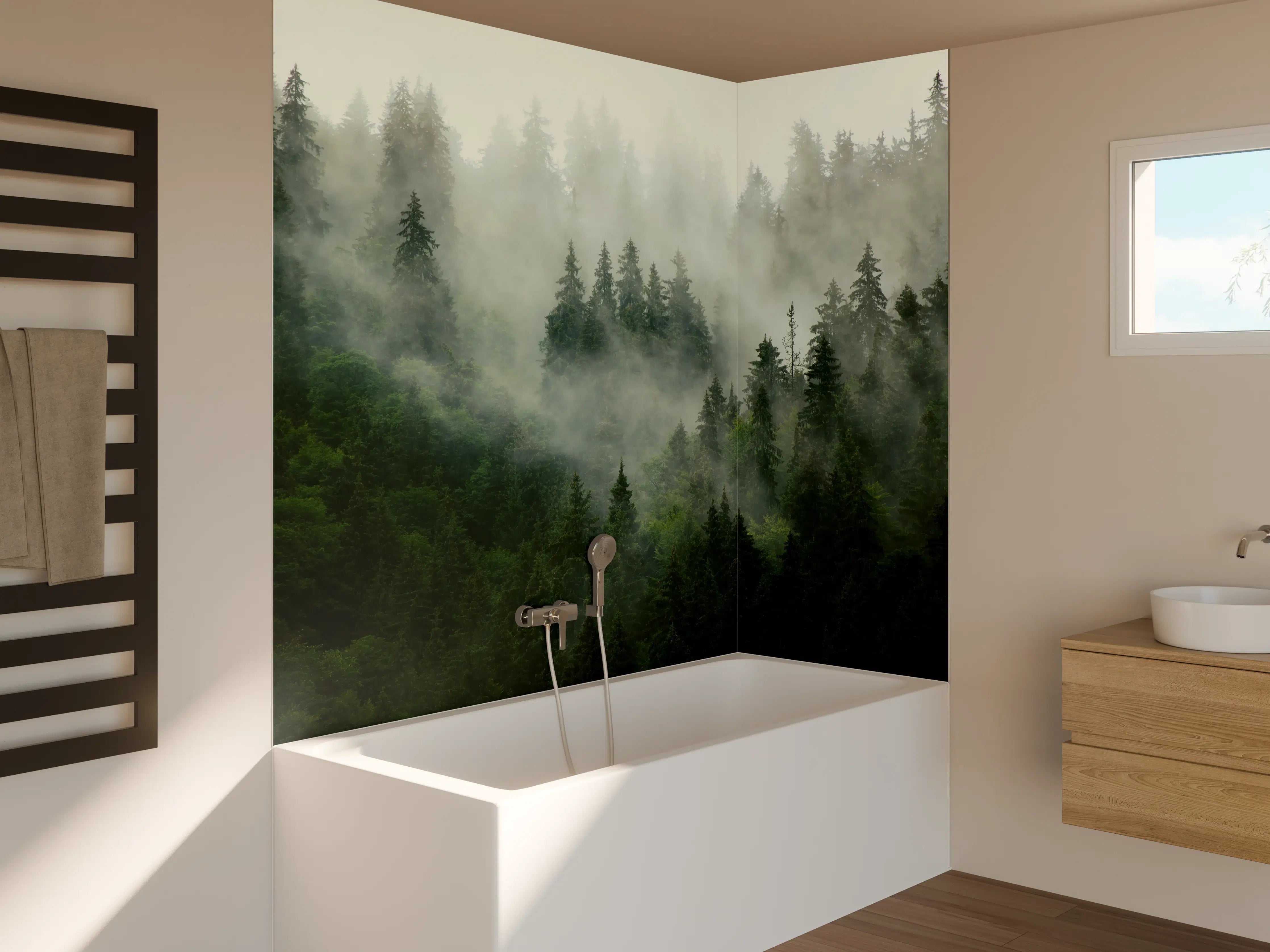 Badewannen-Rückwand - neblige Waldlandschaft