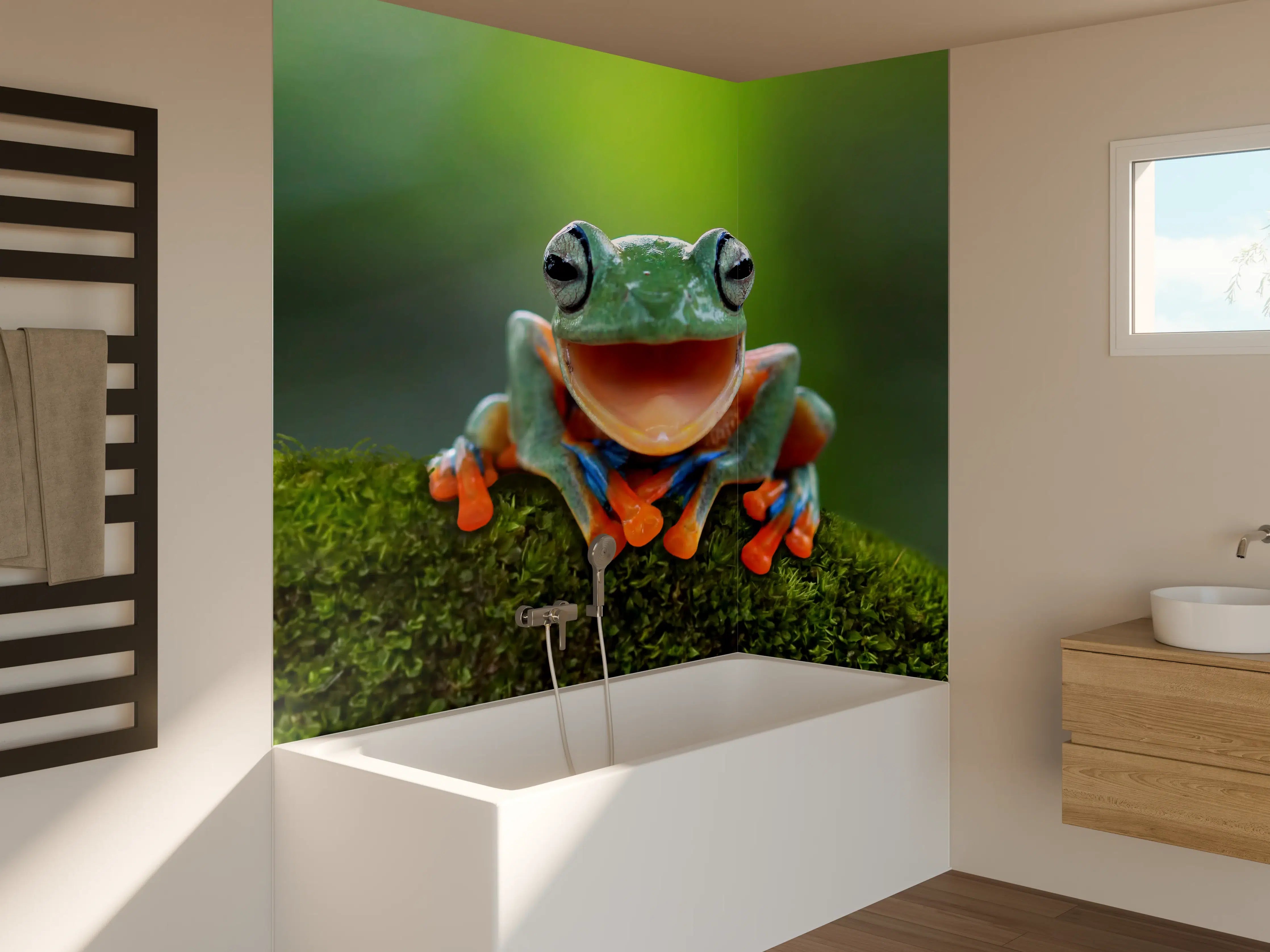 Badewannen-Rückwand - niedlicher Laubfrosch in Nahaufnahme