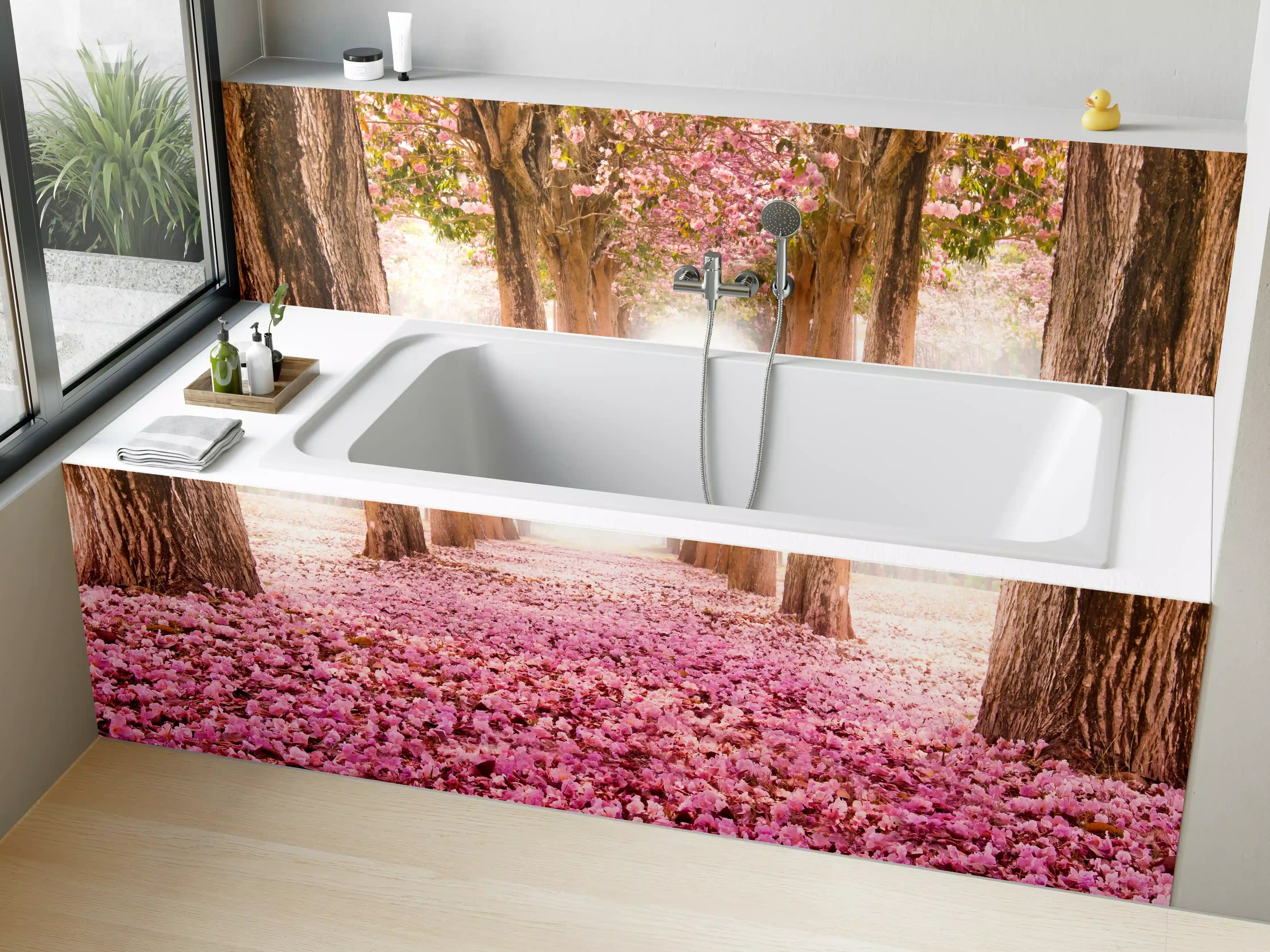 Badewannen-Rückwand - romantischer Weg aus Blüten im Wald