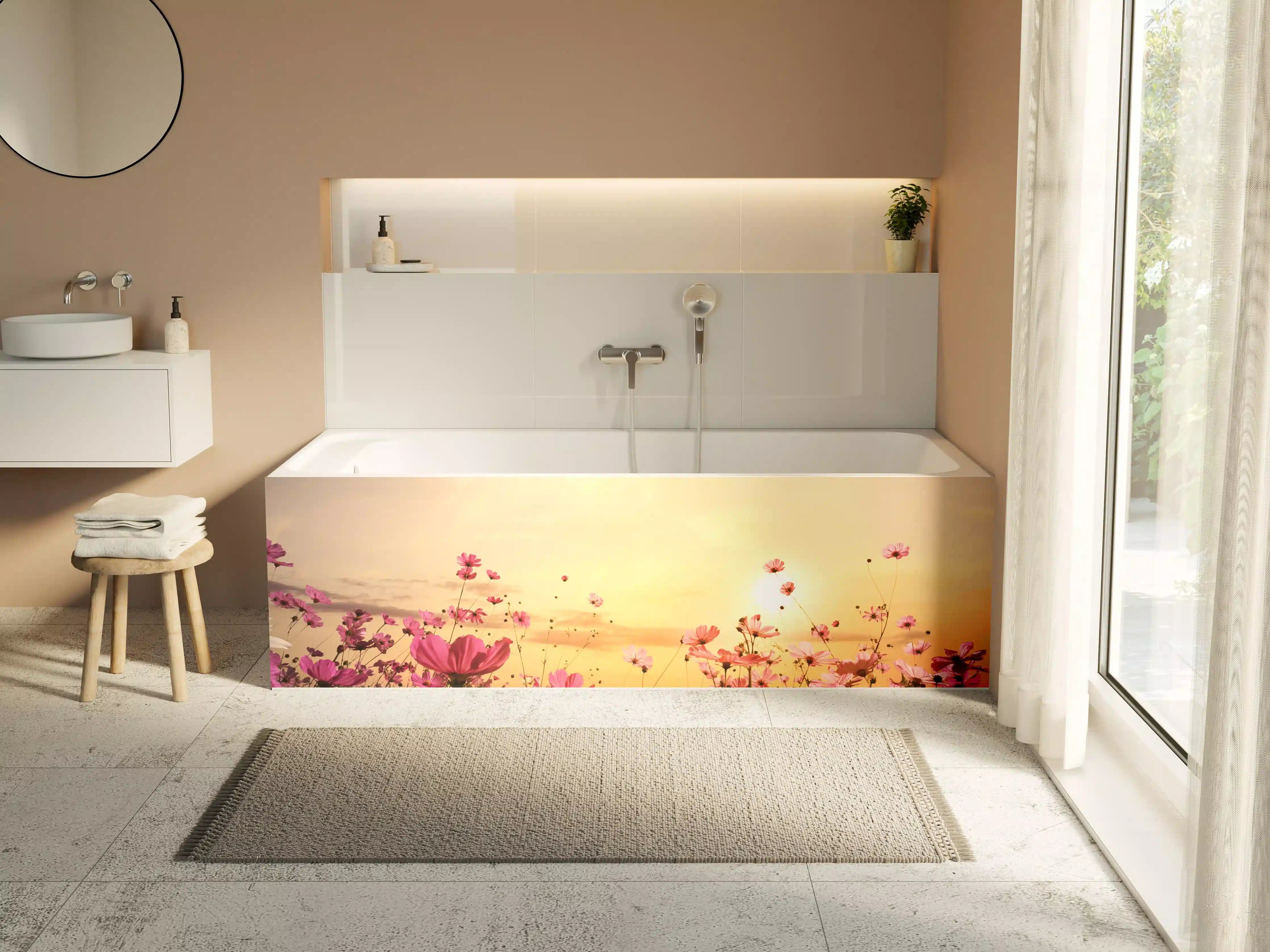 Badewannen-Rückwand - rosa Kosmosblumenfeld