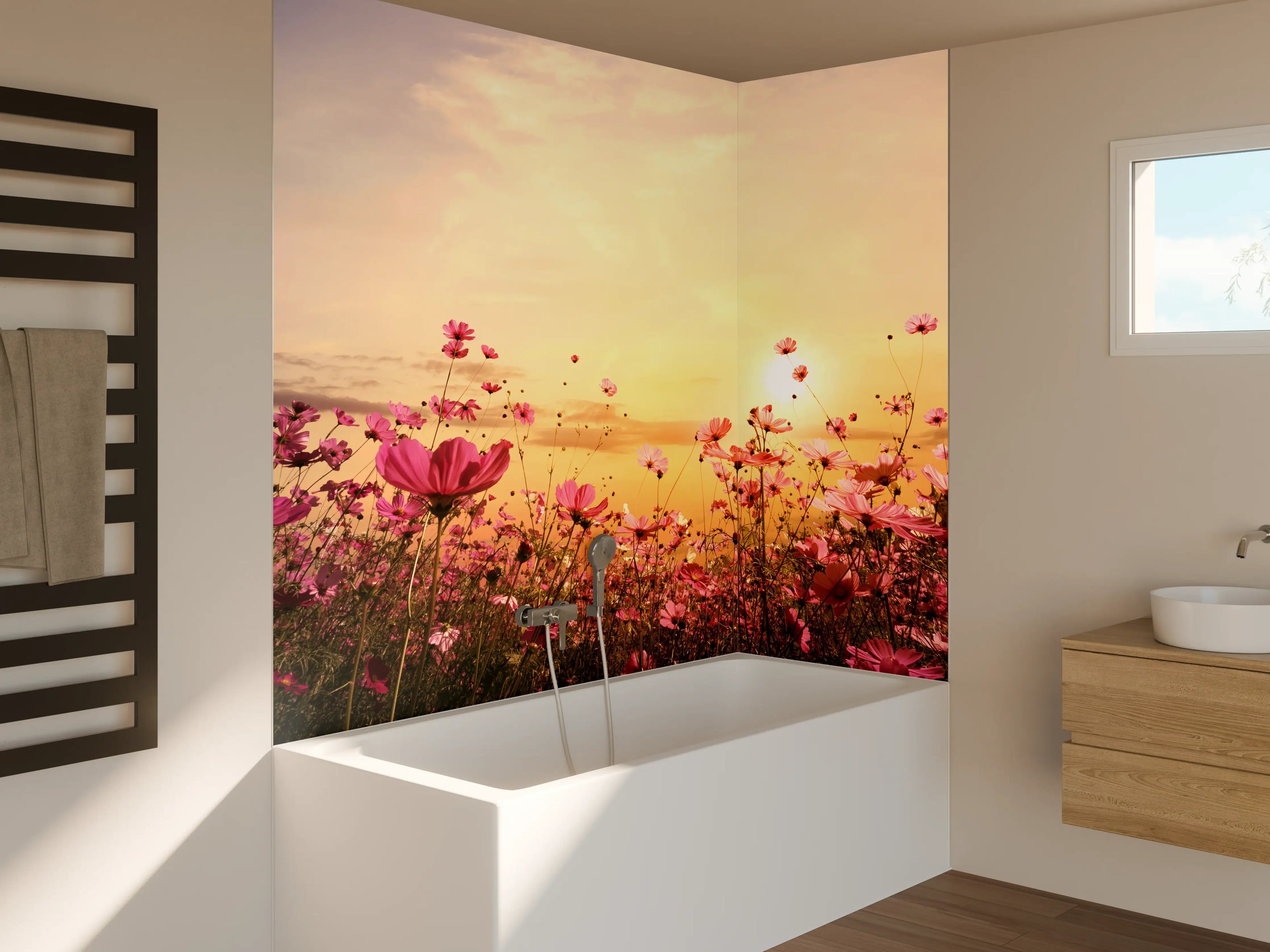 Badewannen-Rückwand - rosa Kosmosblumenfeld