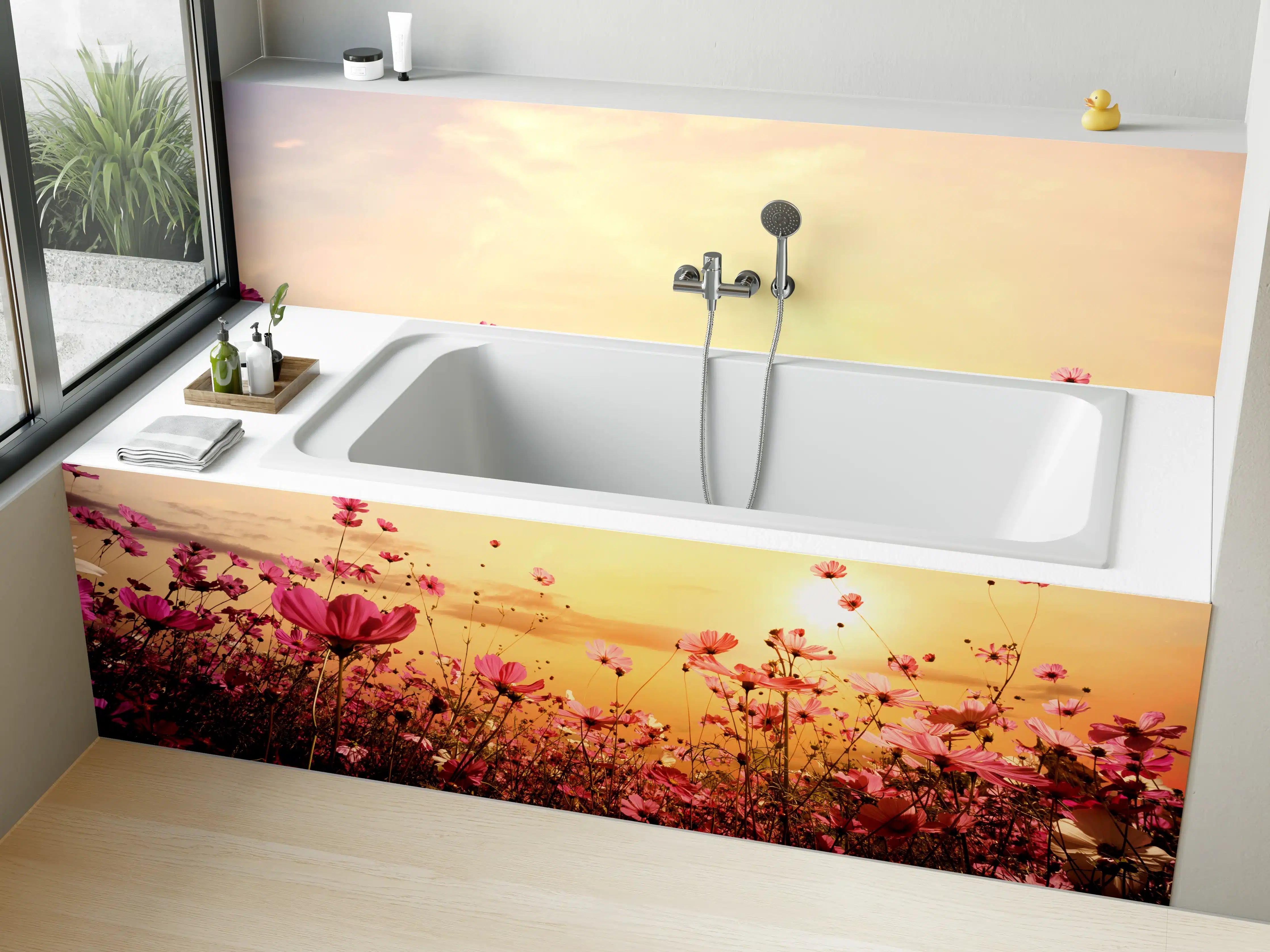 Badewannen-Rückwand - rosa Kosmosblumenfeld