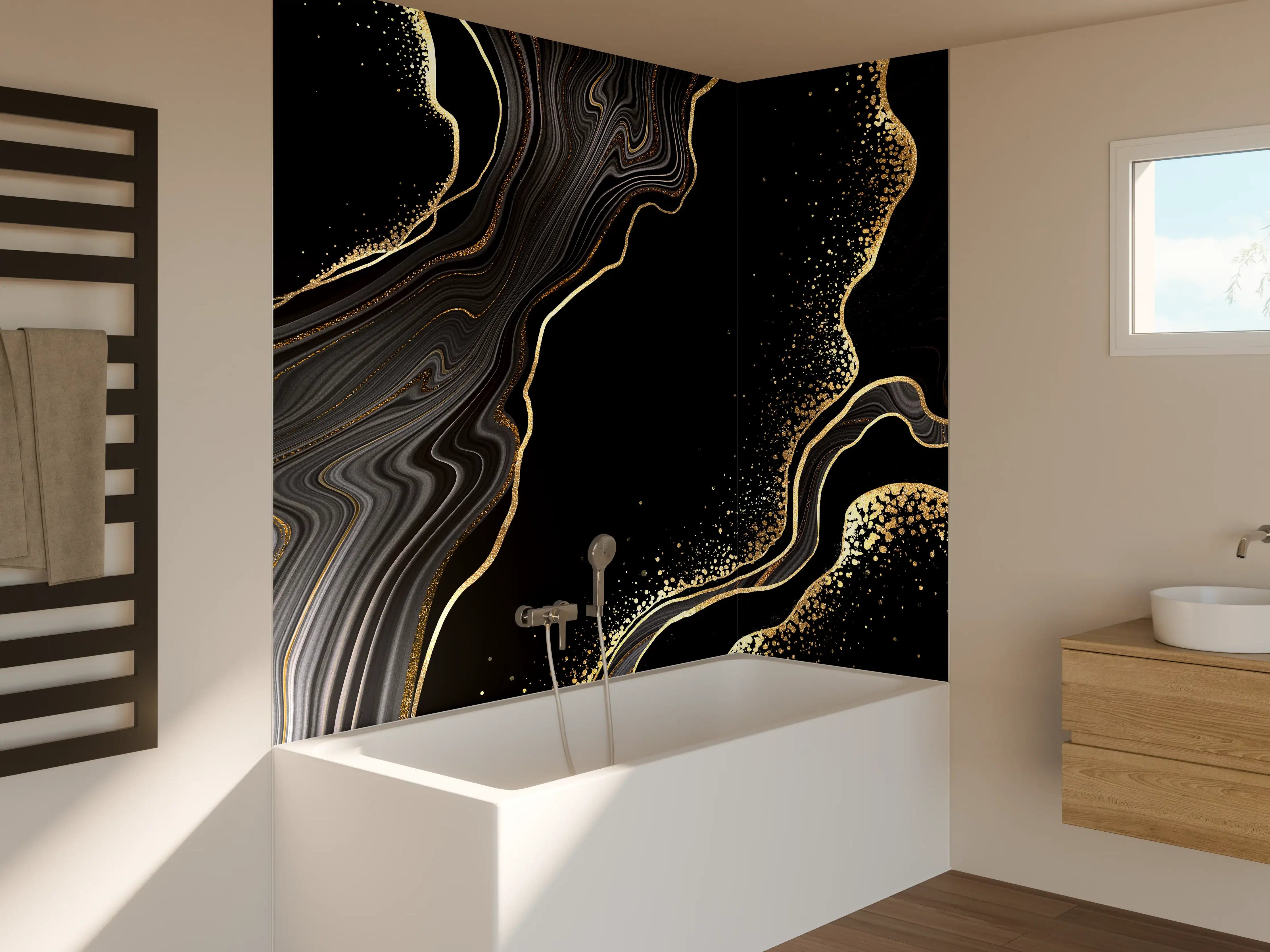 Badewannen-Rückwand - schwarzer Achat Hintergrund mit goldenen Adern