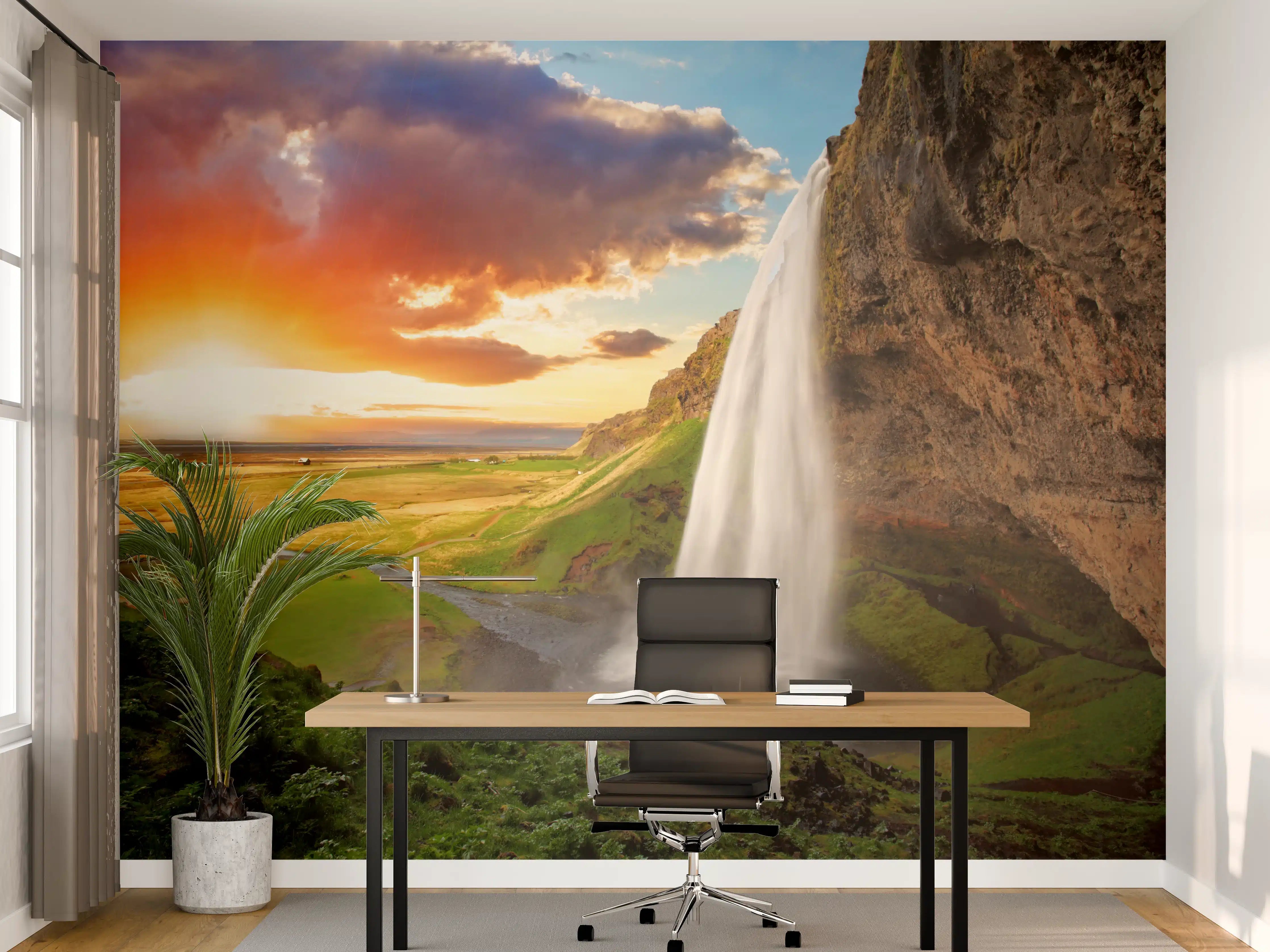 Büro Wandgestaltung - Seljalandsfoss Wasserfall bei Sonnenuntergang