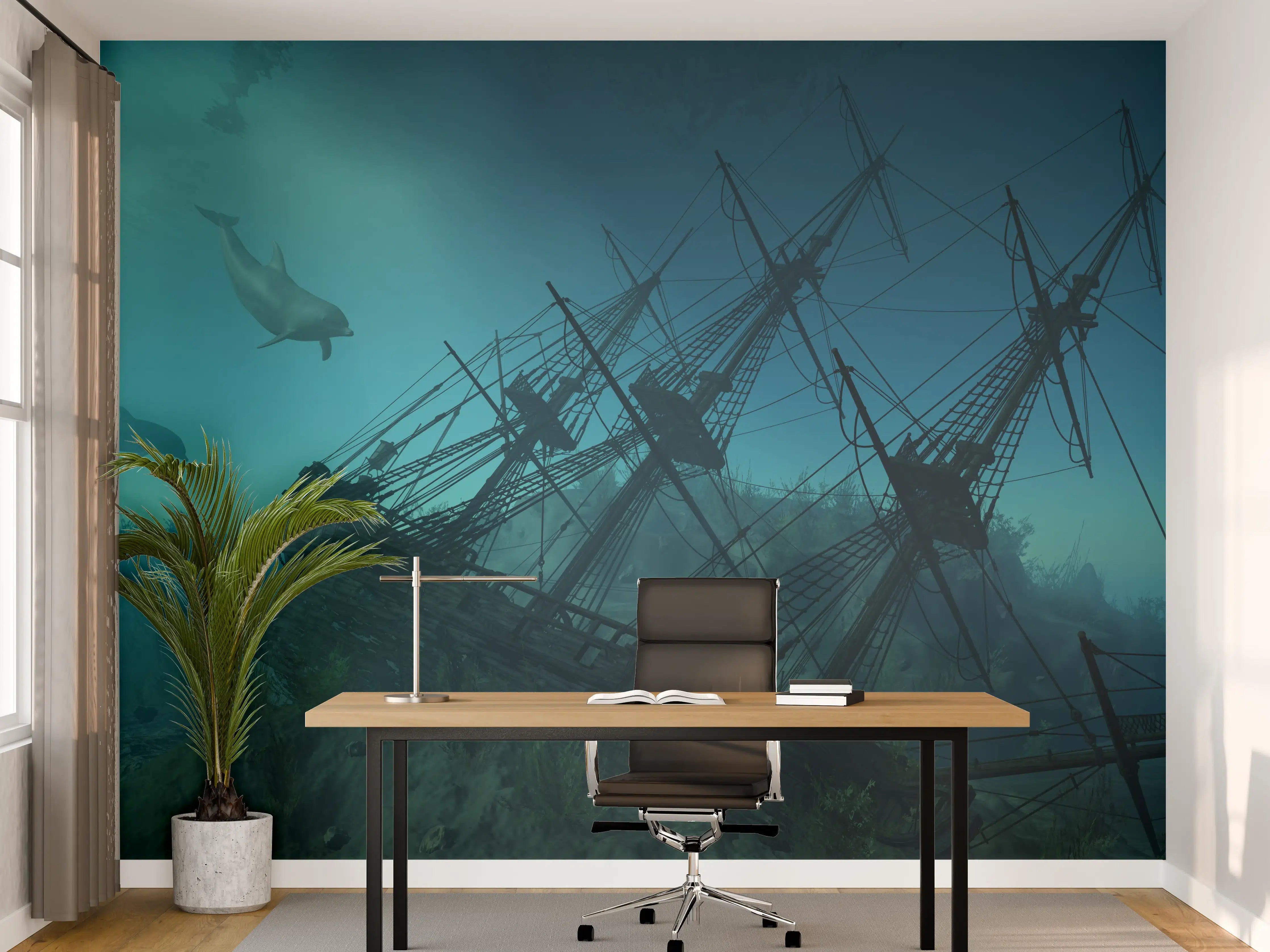 Büro Wandgestaltung - mystisches Schiffswrack mit Delfinen