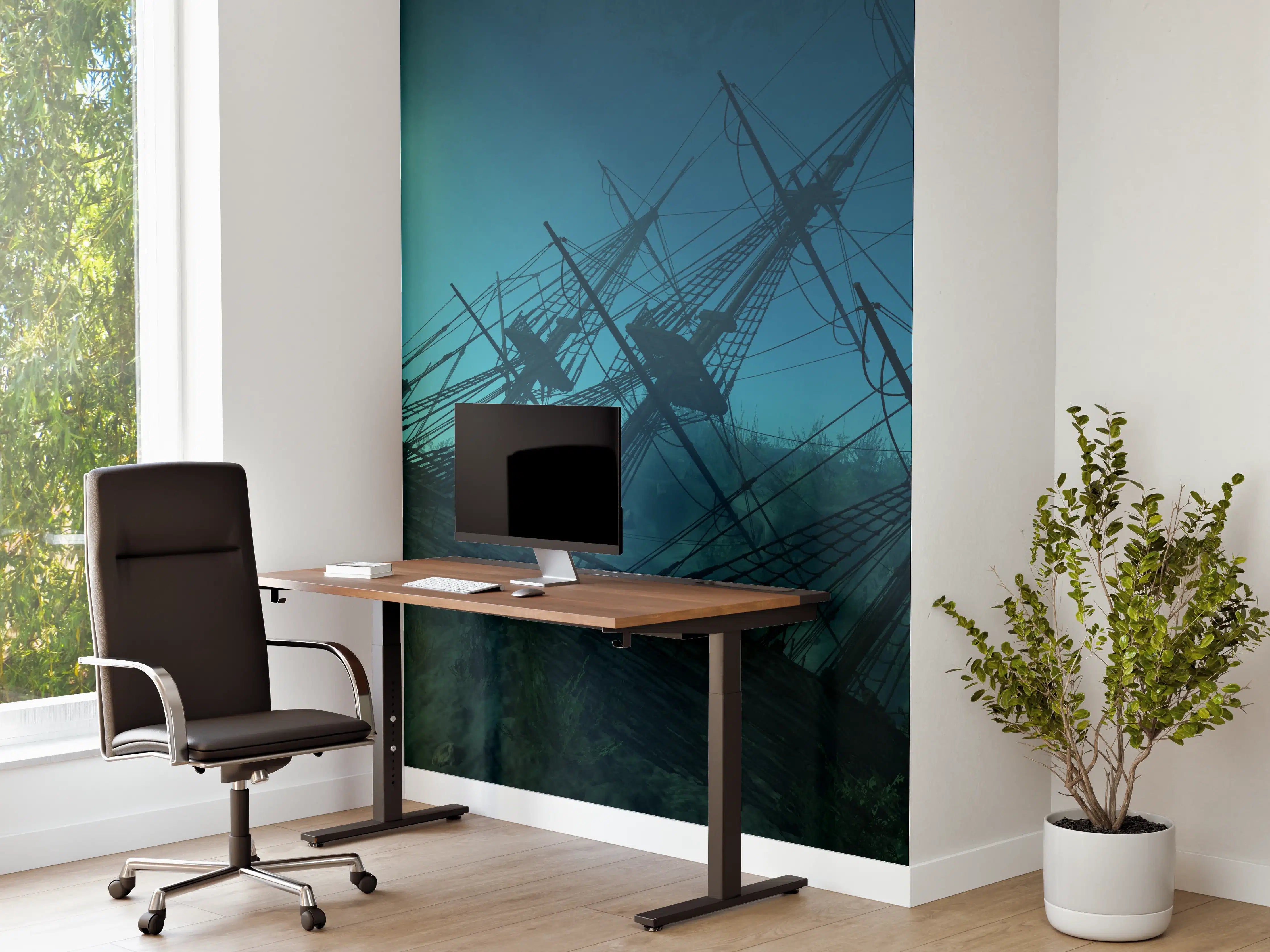 Büro Wandgestaltung - mystisches Schiffswrack mit Delfinen