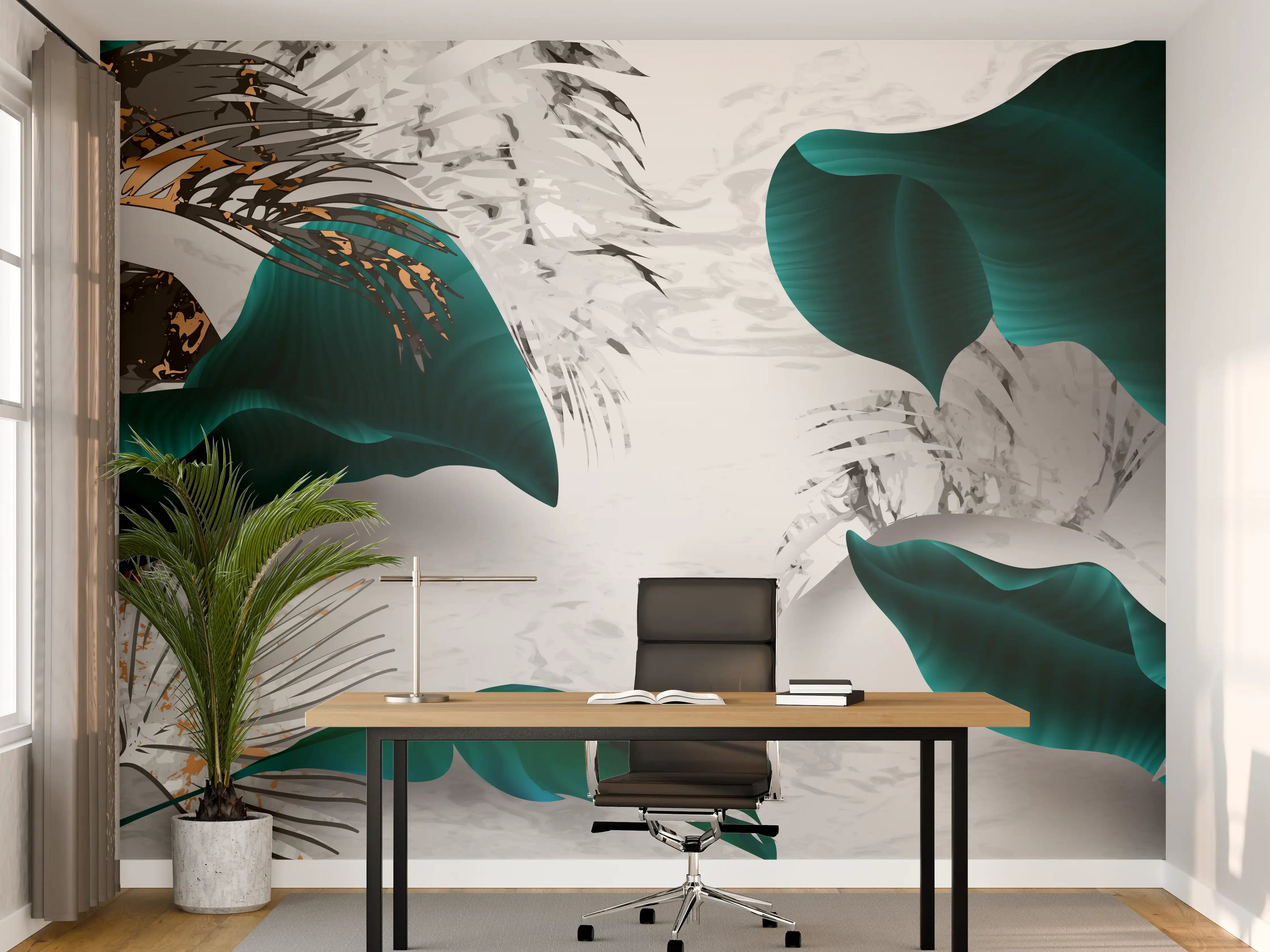 Büro Wandgestaltung - Abstrakte Blatt Gold Grau Kunst