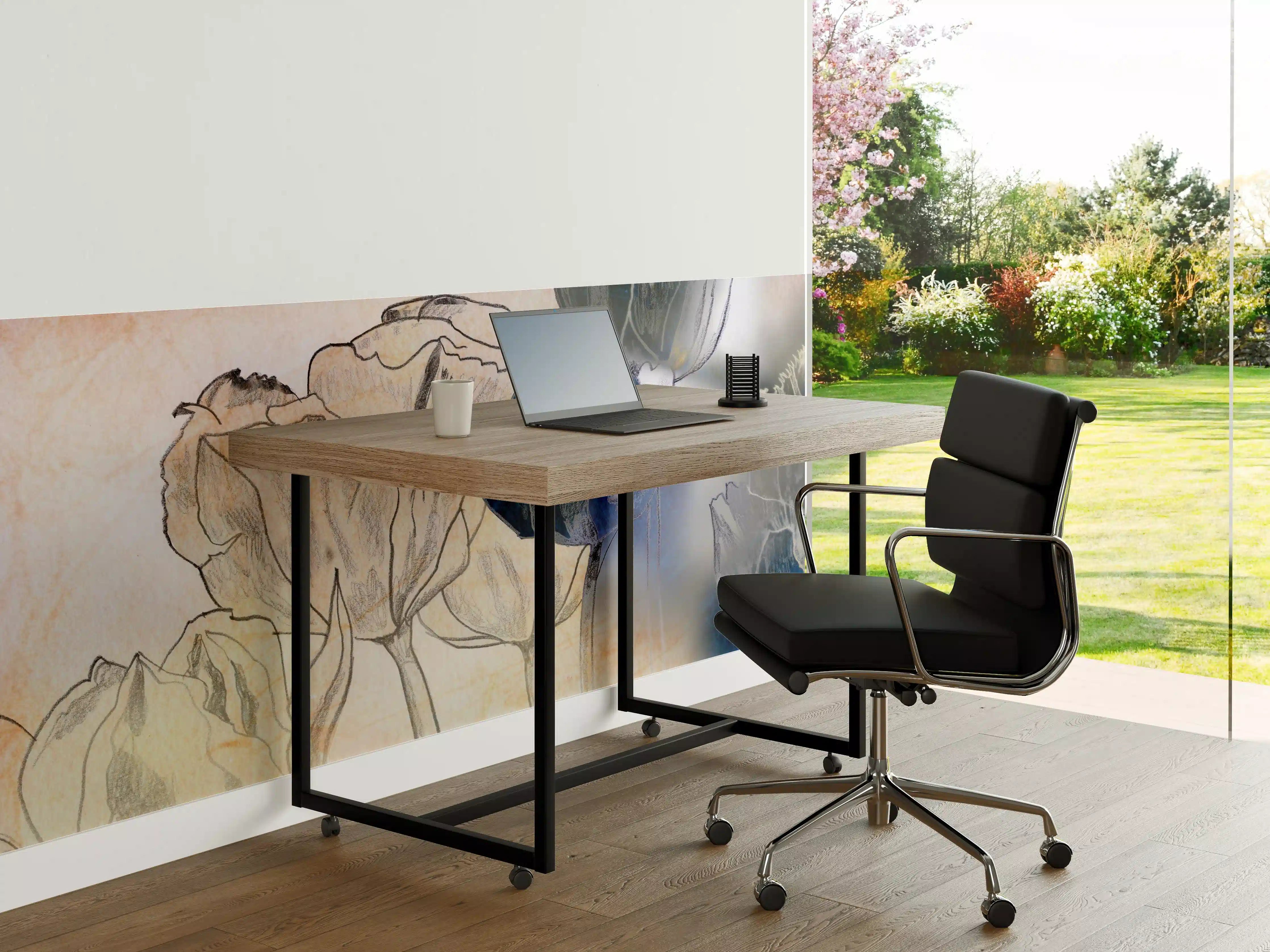 Büro Wandgestaltung - Abstrakte Blumen-Illustration mit Blau- und Beigetönen