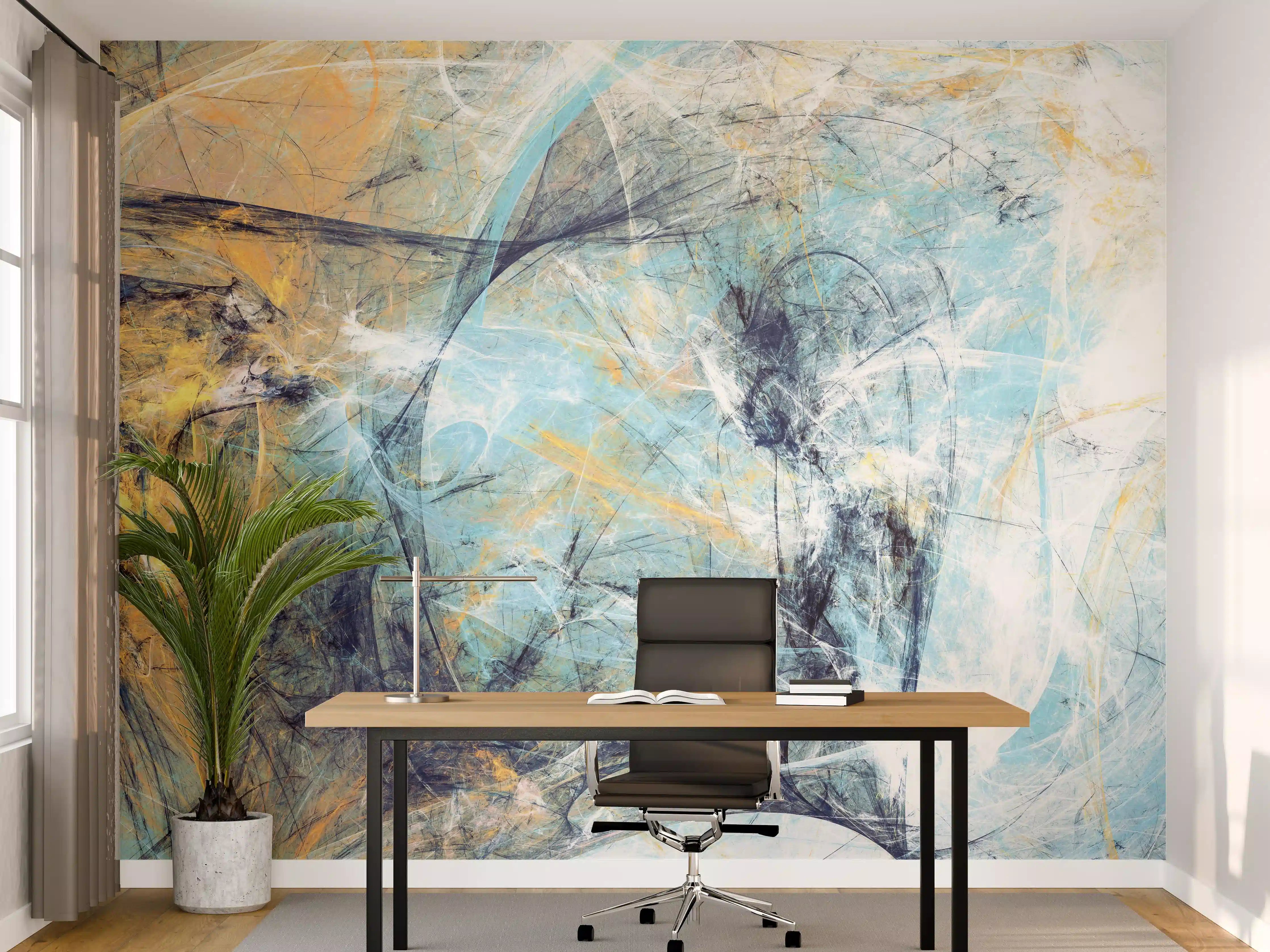 Büro Wandgestaltung - Abstrakte Farbenspiel Kunstwerk in Blau, Grau und Gold