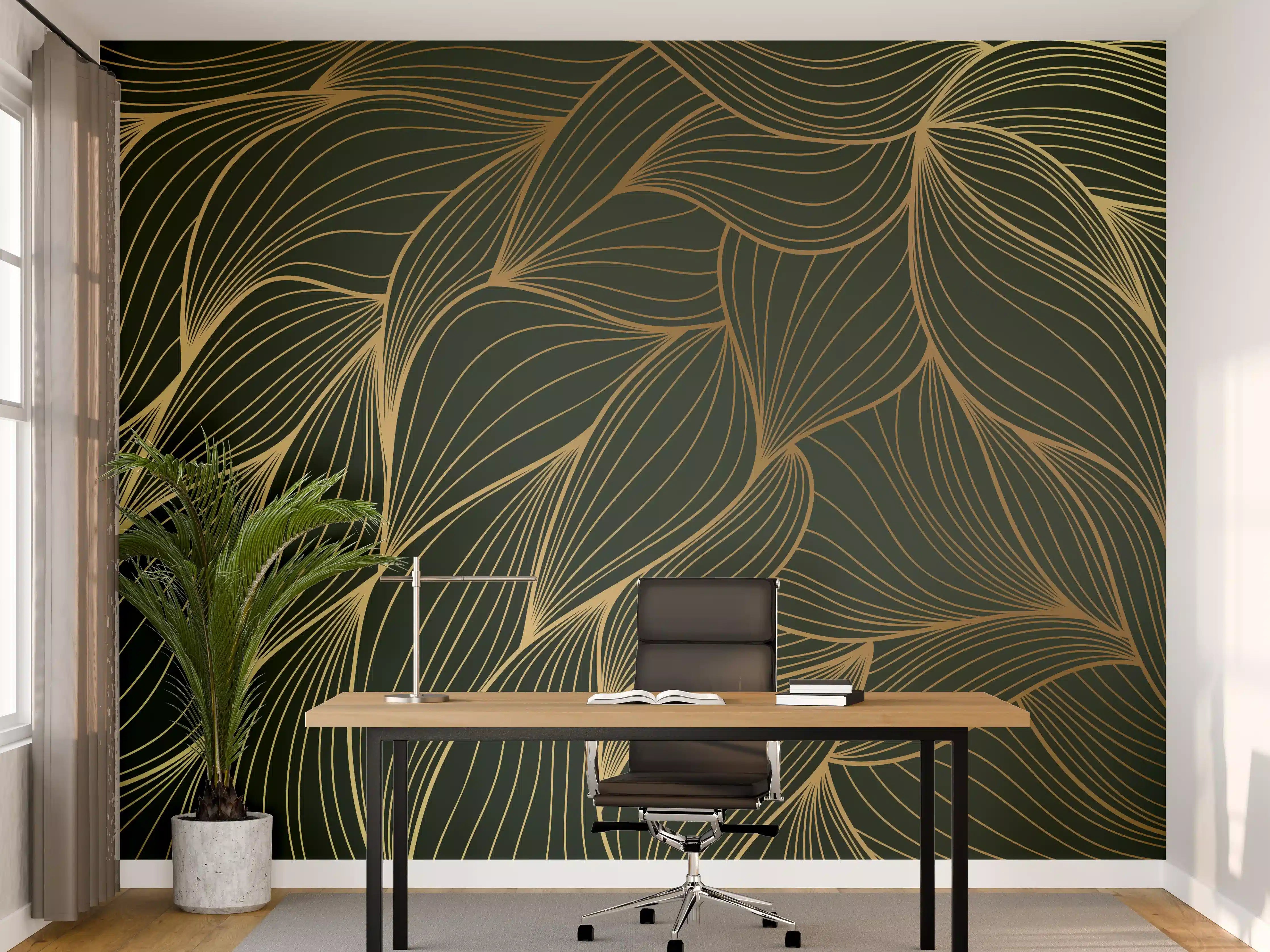 Büro Wandgestaltung - Abstrakte Gold-Grün-Wellenmuster