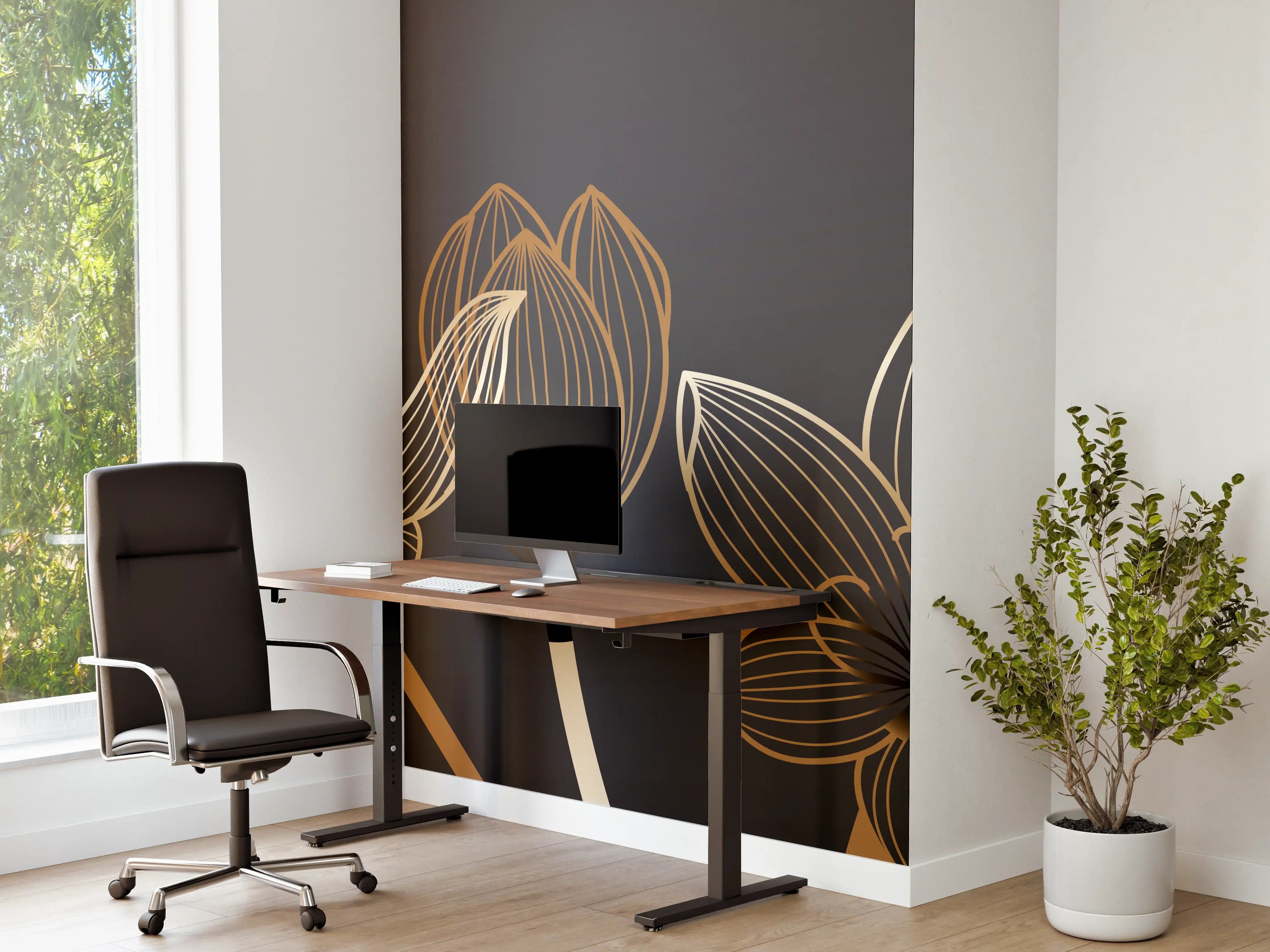 Büro Wandgestaltung - Abstrakte Gold-Schwarz Blumen Linienart