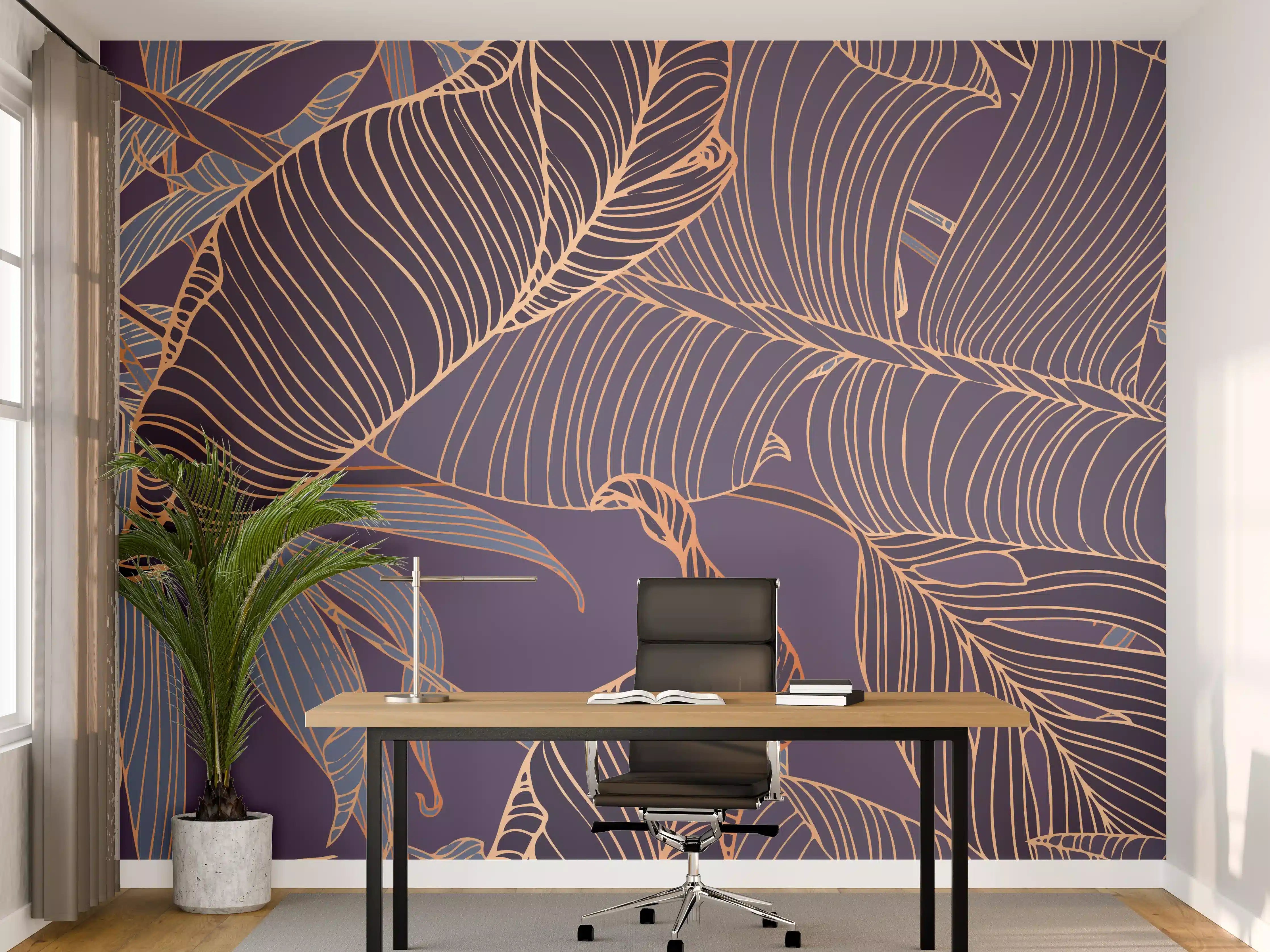 Büro Wandgestaltung - Abstrakte Lila-Goldene Blattmuster