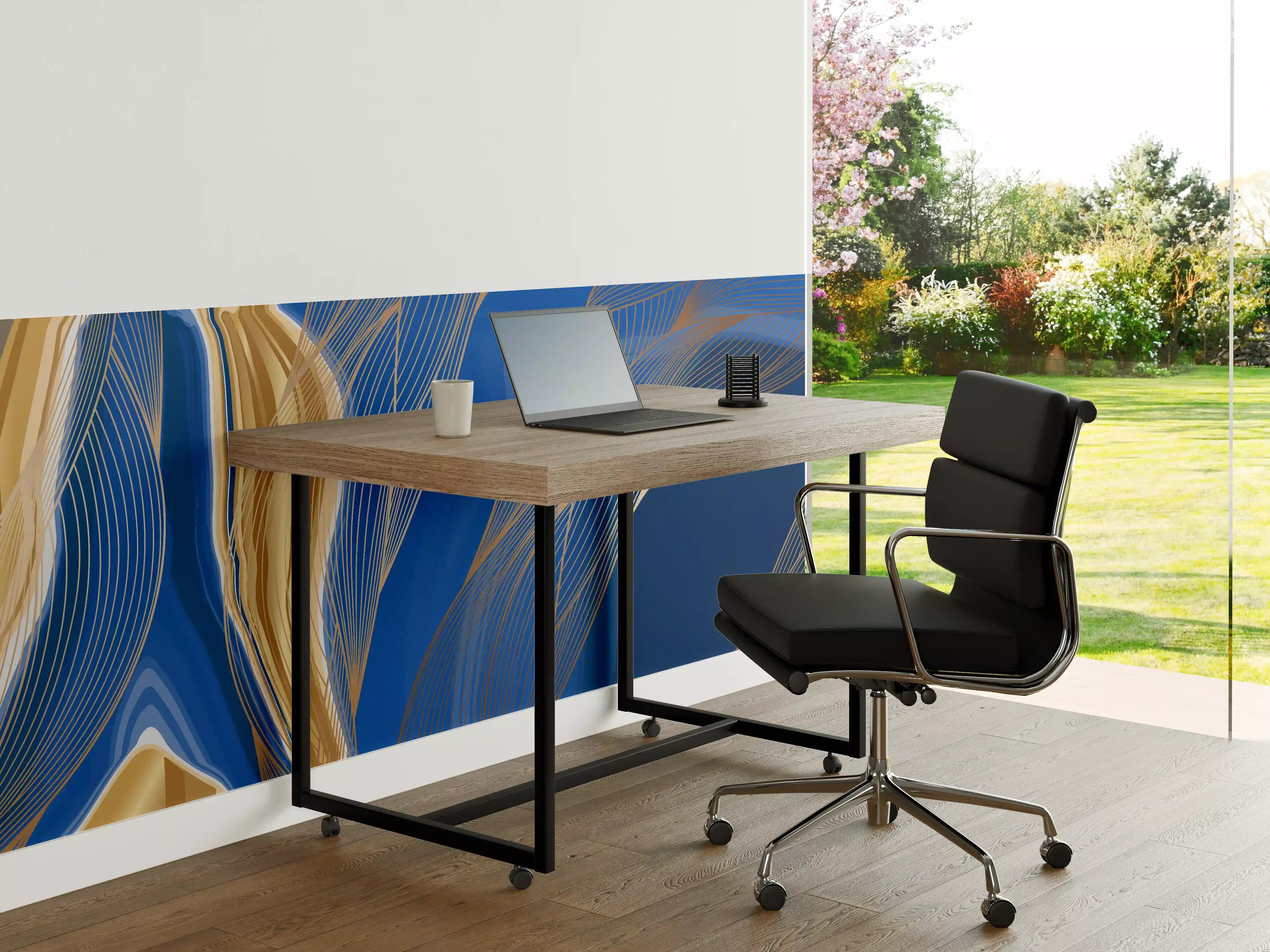 Büro Wandgestaltung - Abstrakte Linienkunst in Blau-Gold
