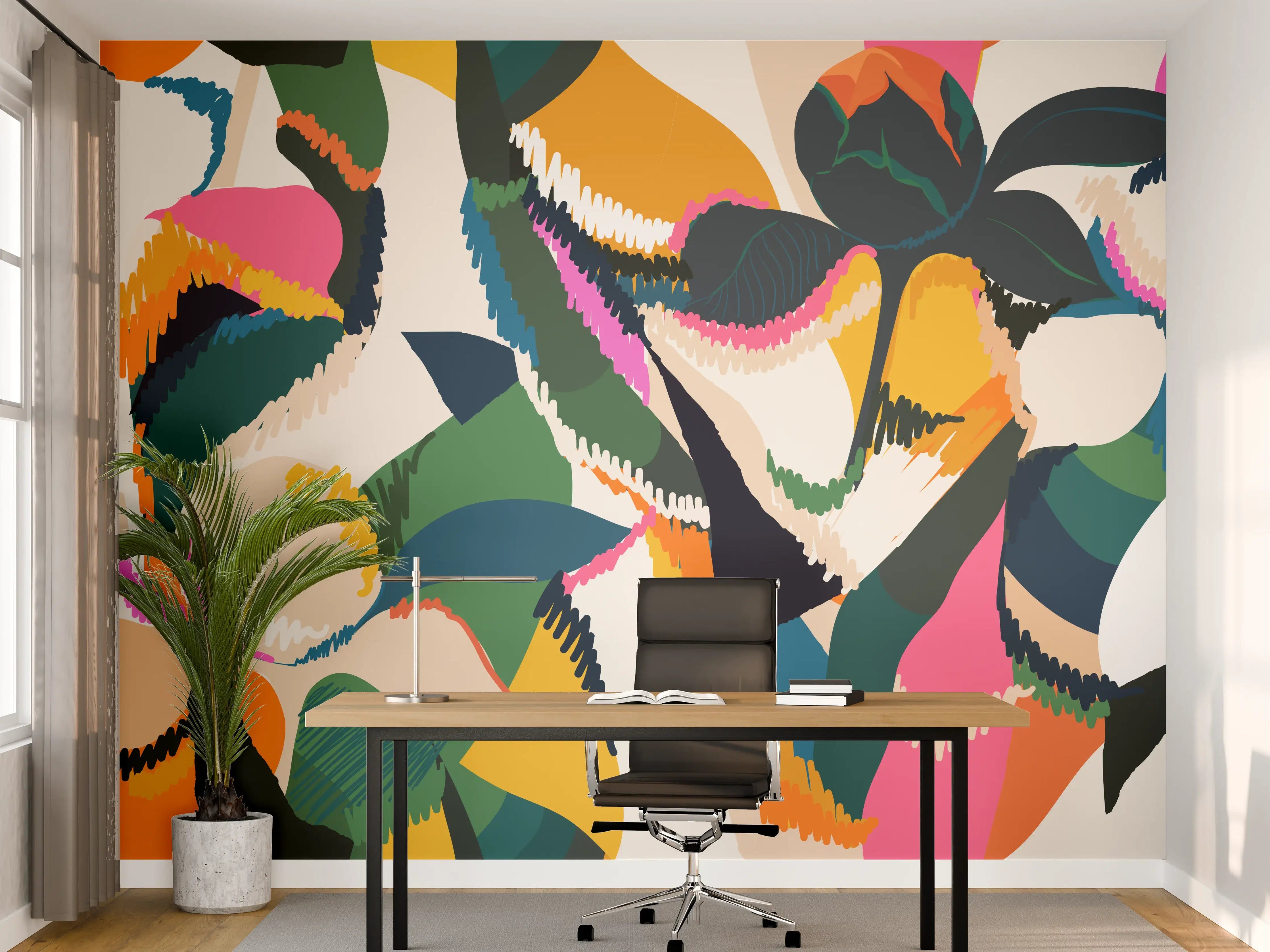 Büro Wandgestaltung - Abstrakte Tropische Blumen Pink-Orange