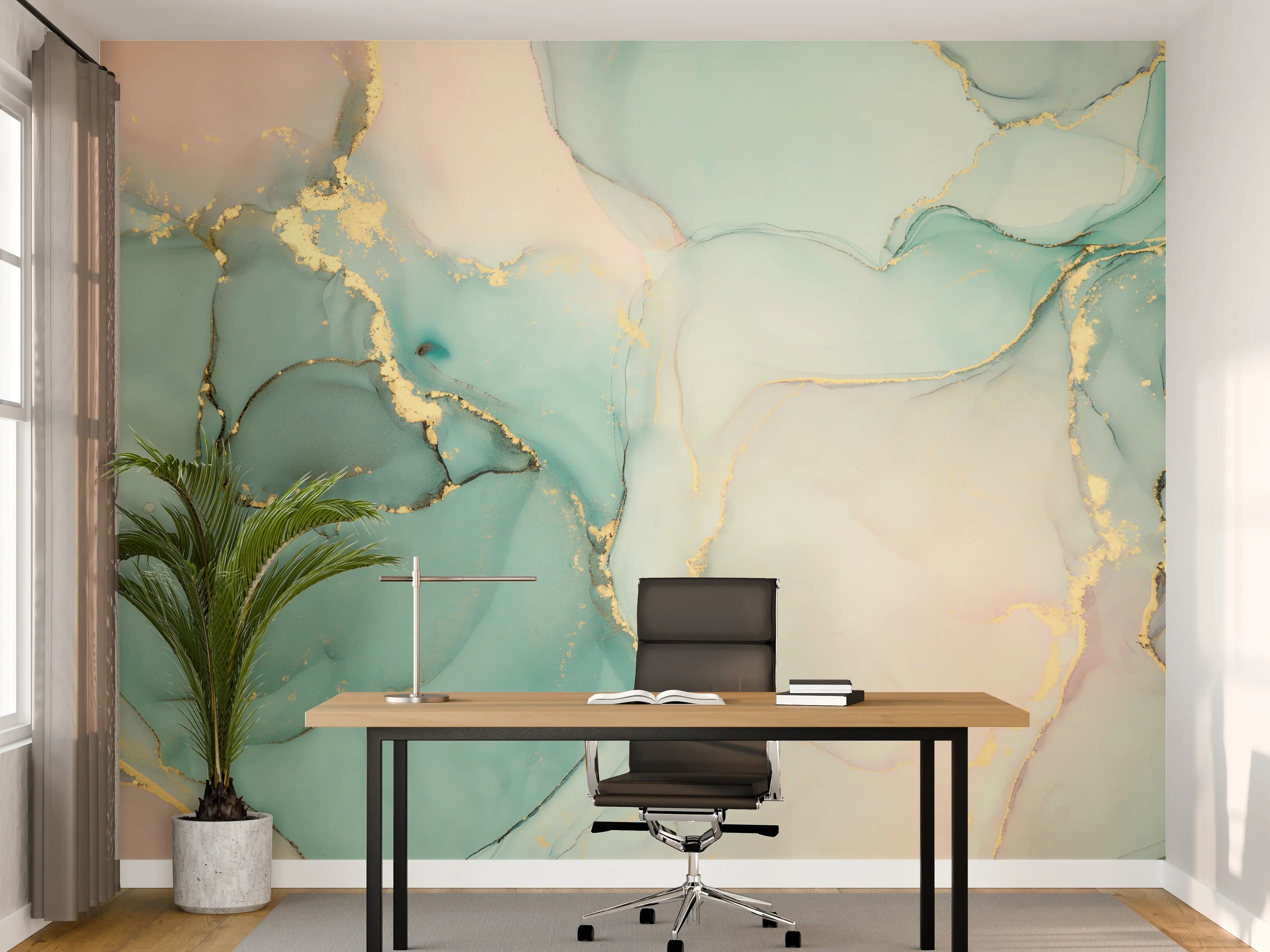 Büro Wandgestaltung - Abstrakte grünliche Muster mit goldenem Rand