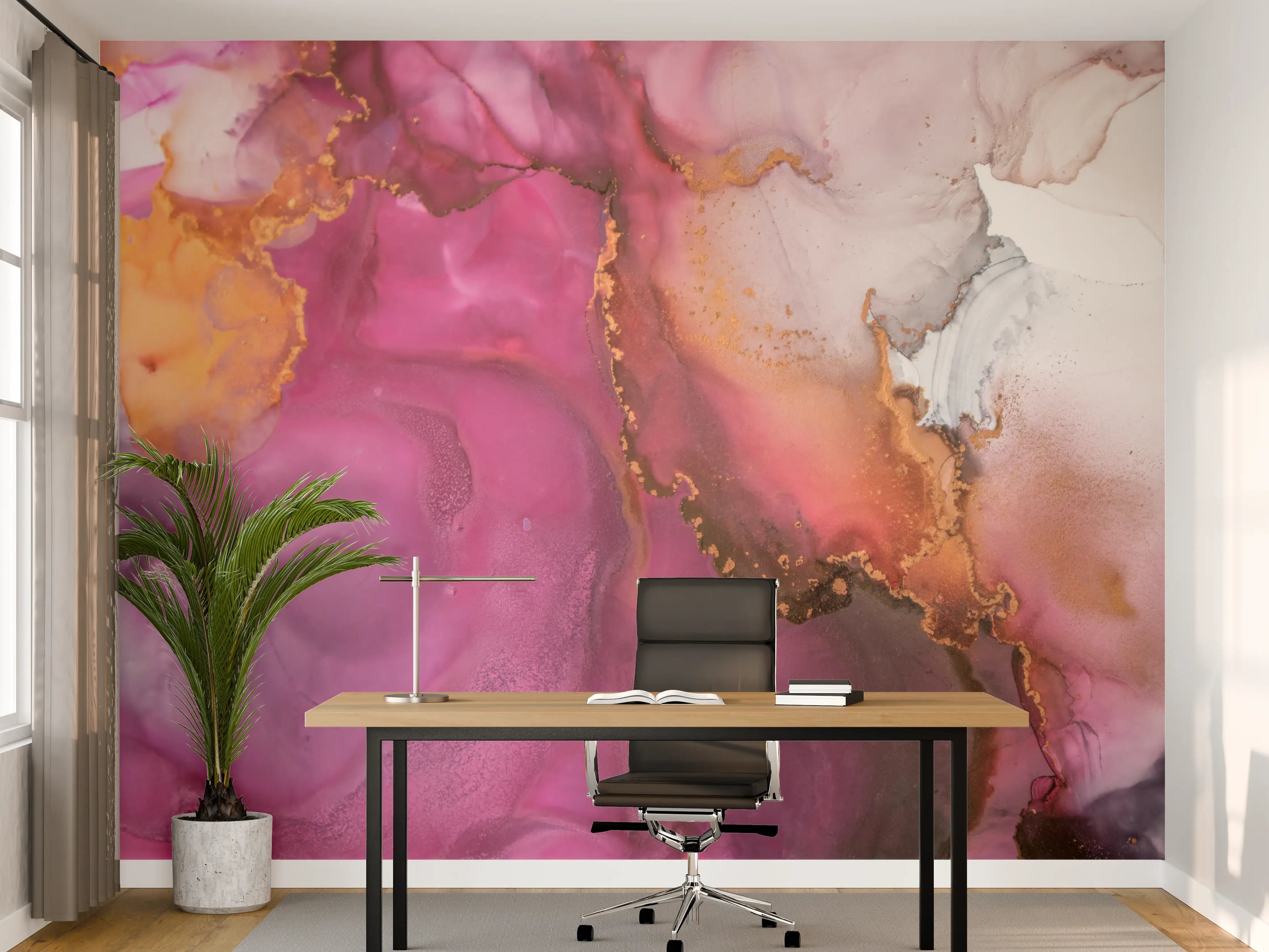 Büro Wandgestaltung - Abstrakte pinke Tinte mit Goldelementen
