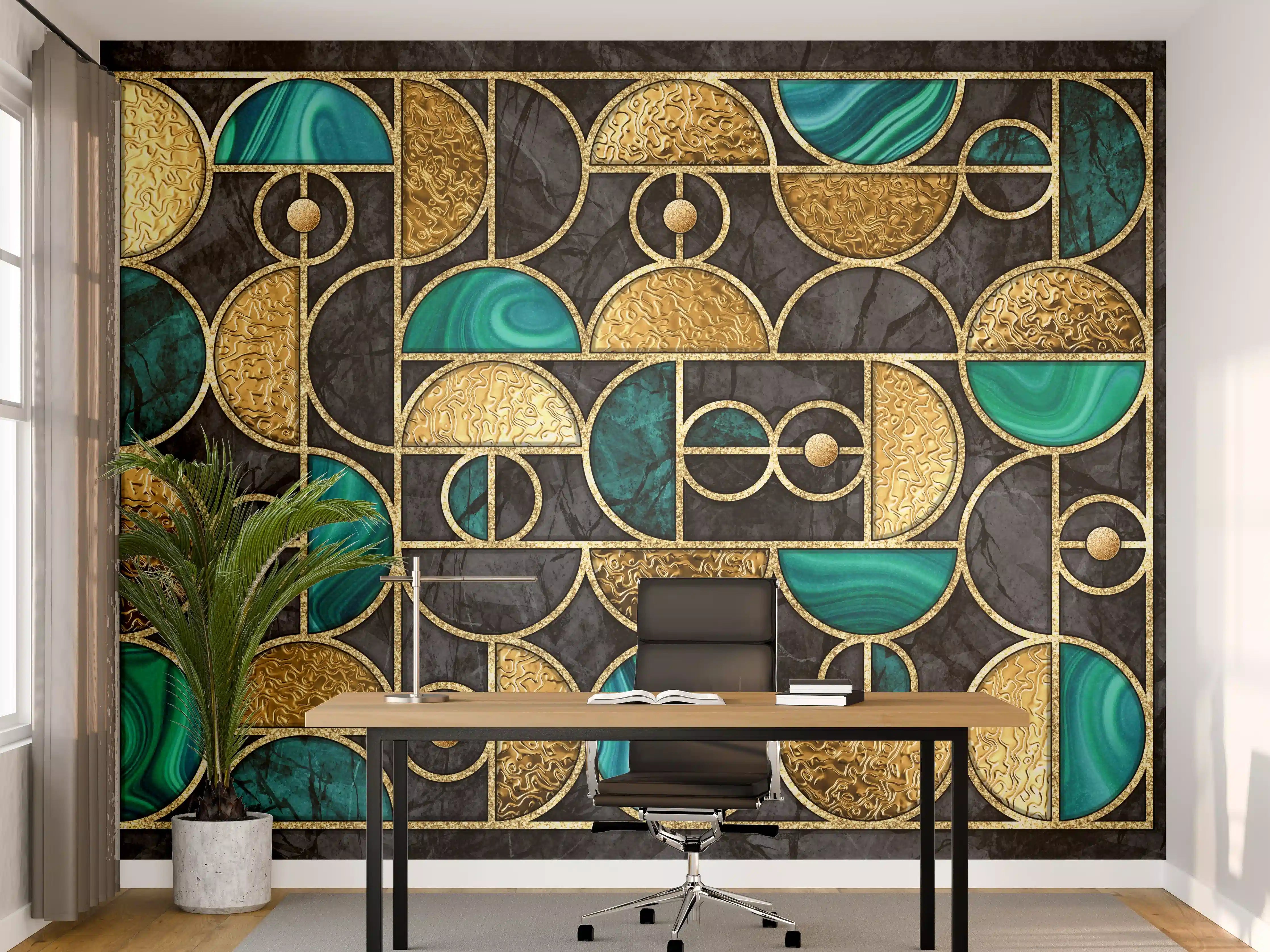 Büro Wandgestaltung - Abstrakter Gold-Schwarz-Grün Mosaik