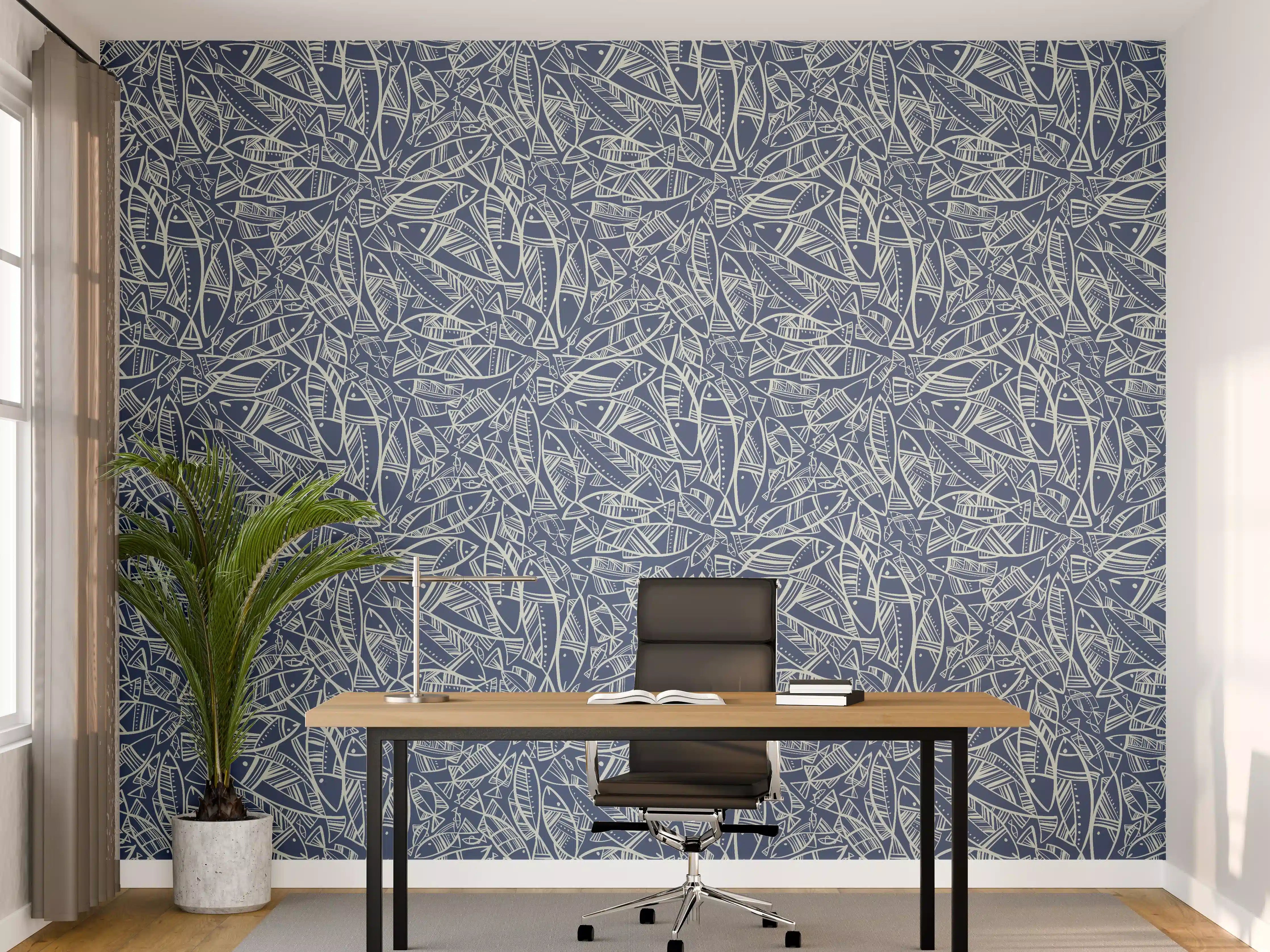 Büro Wandgestaltung - Abstraktes Fischmuster Blau