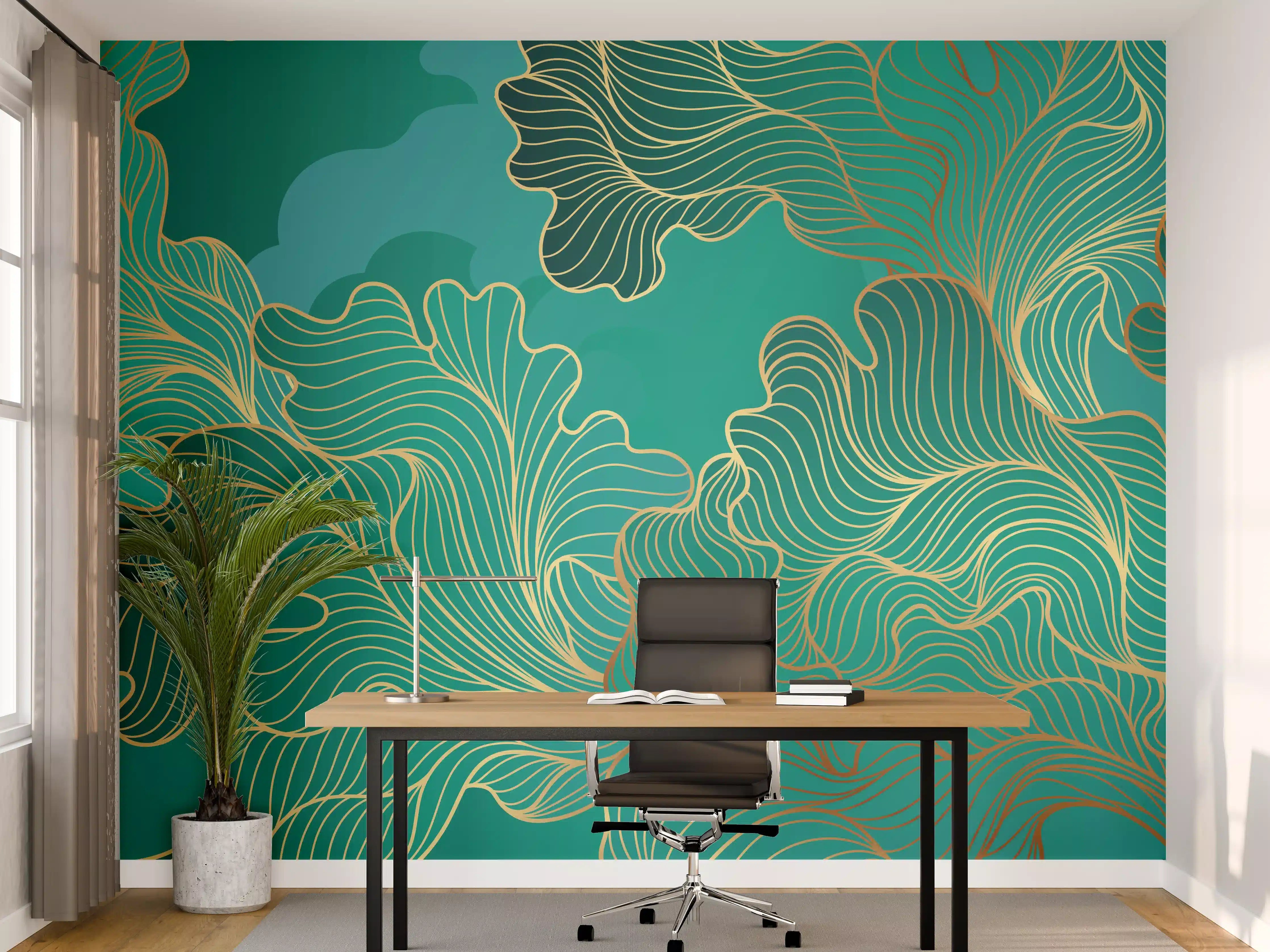 Büro Wandgestaltung - Abstraktes Grüntöne-Gold-Lineart