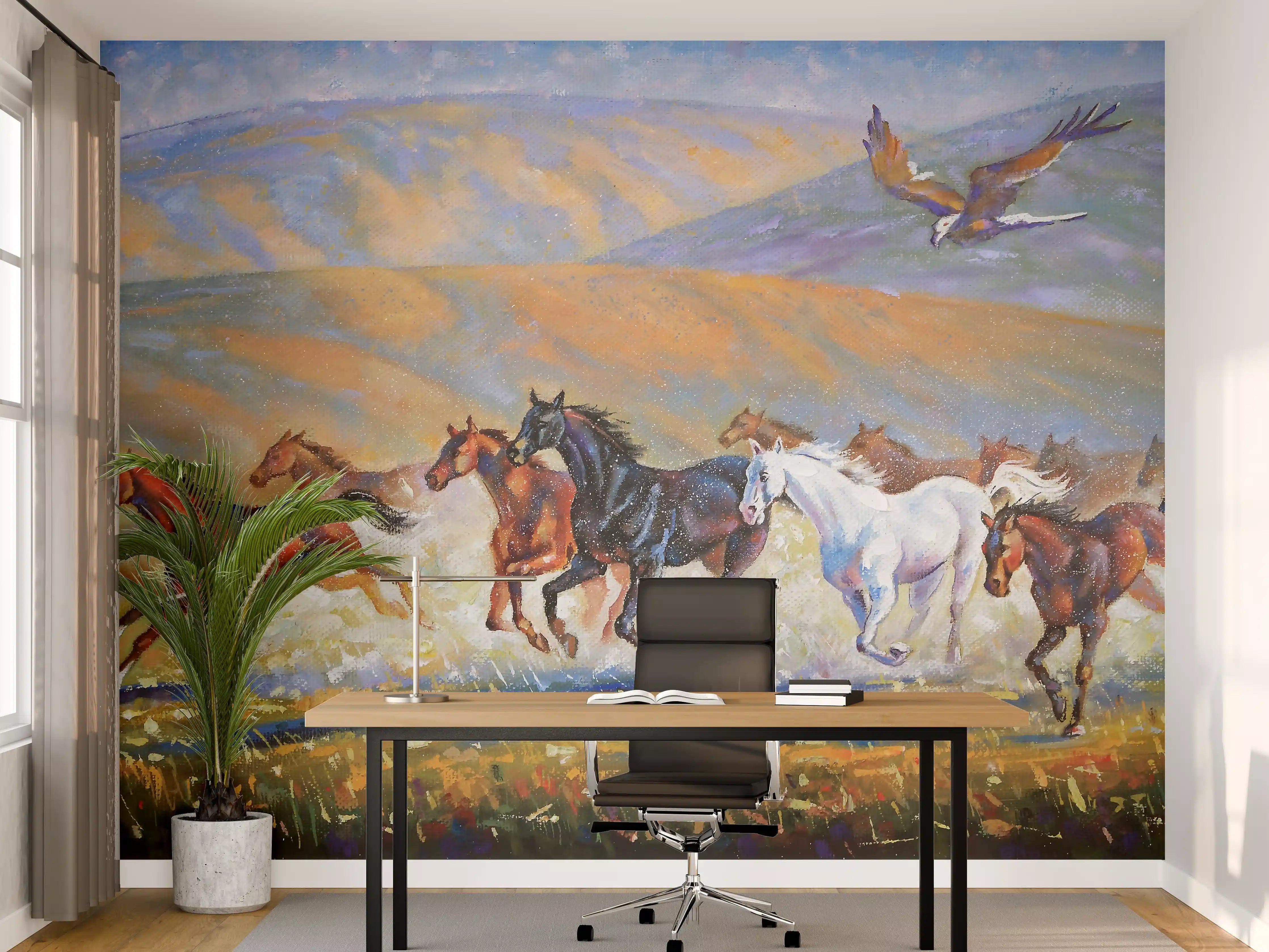 Büro Wandgestaltung - Adler über gallopierender Herde von Pferden