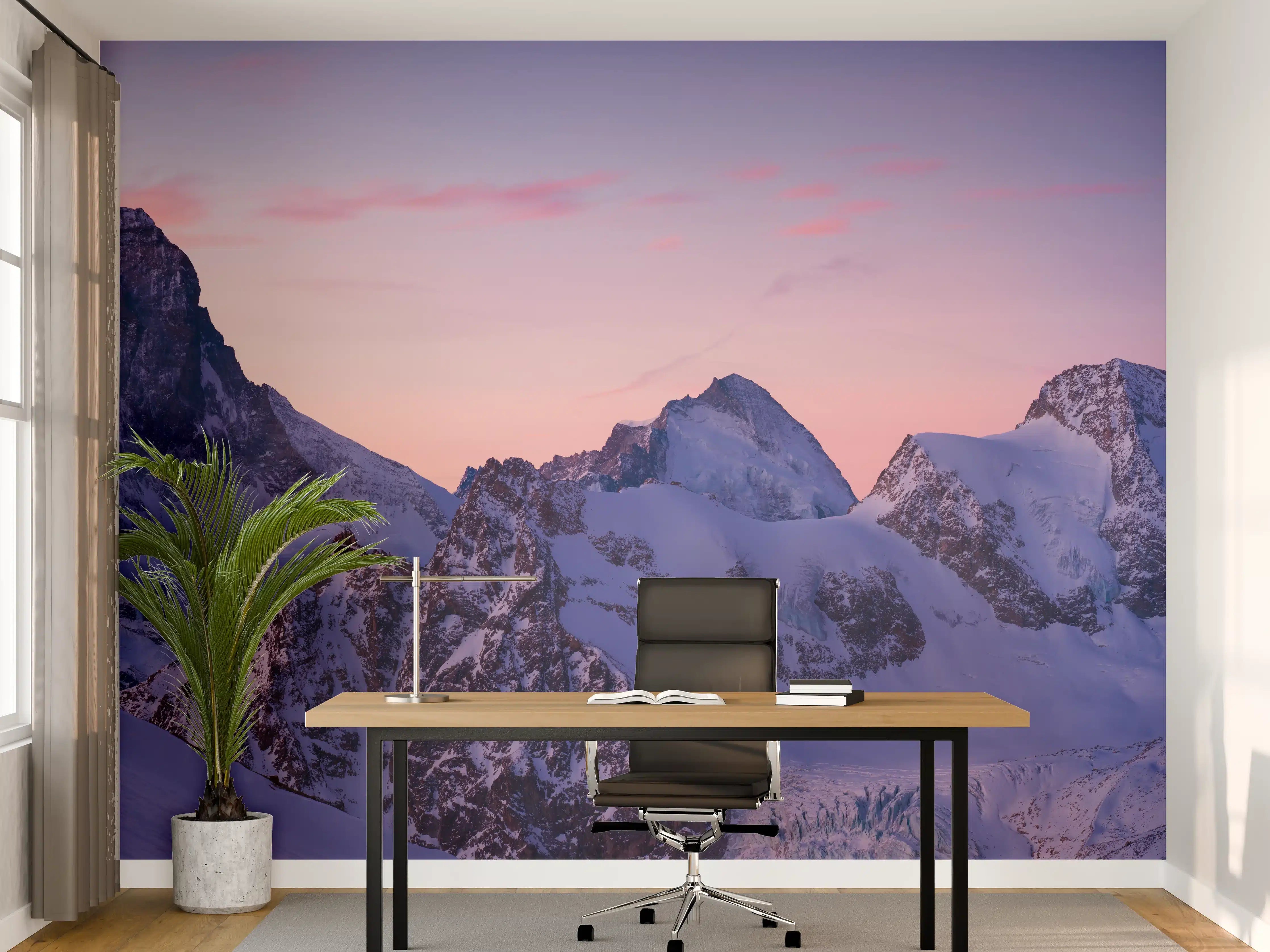 Büro Wandgestaltung - Alpenpanorama Sonnenuntergang Weiß-Rosa