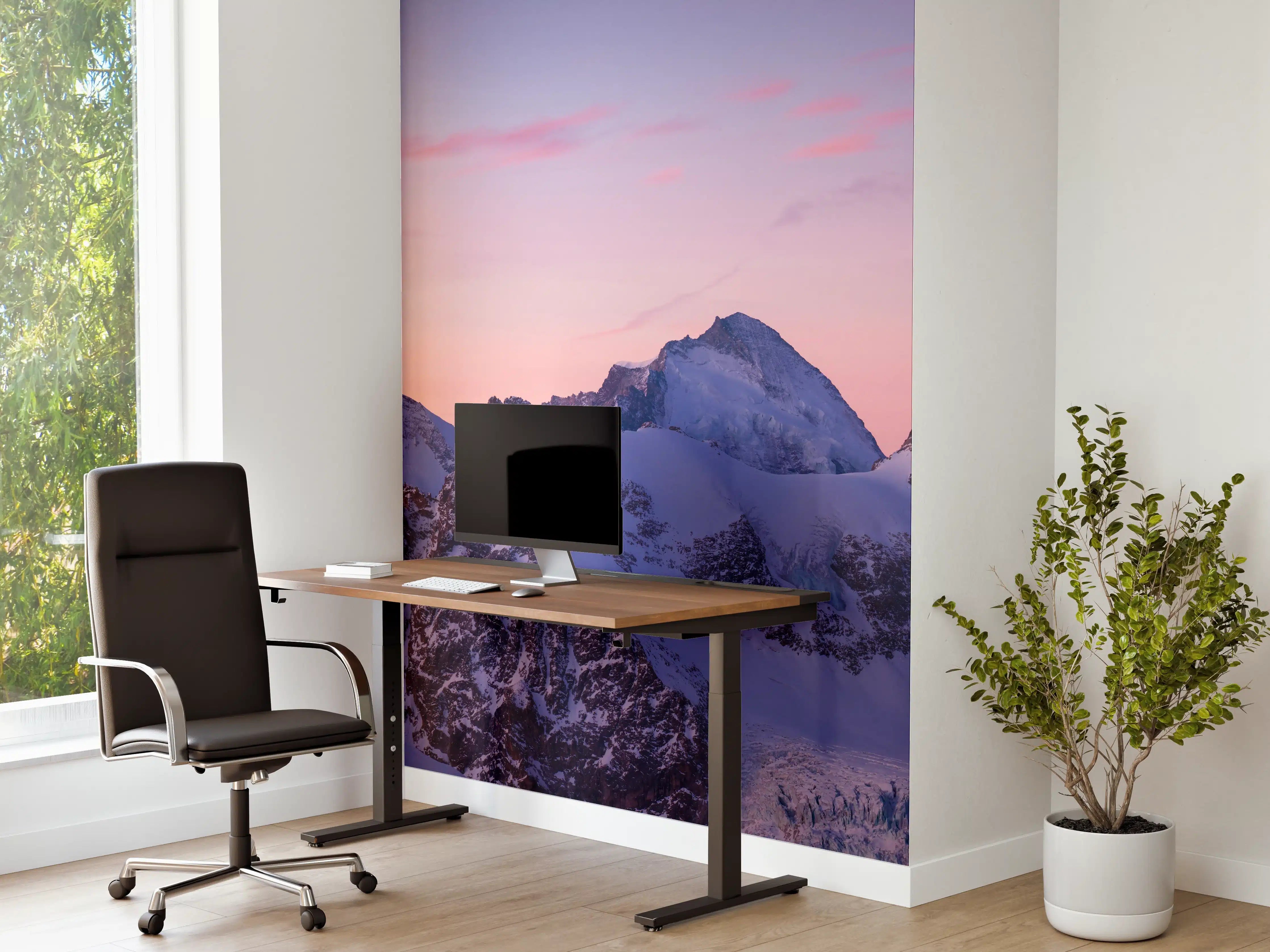 Büro Wandgestaltung - Alpenpanorama Sonnenuntergang Weiß-Rosa