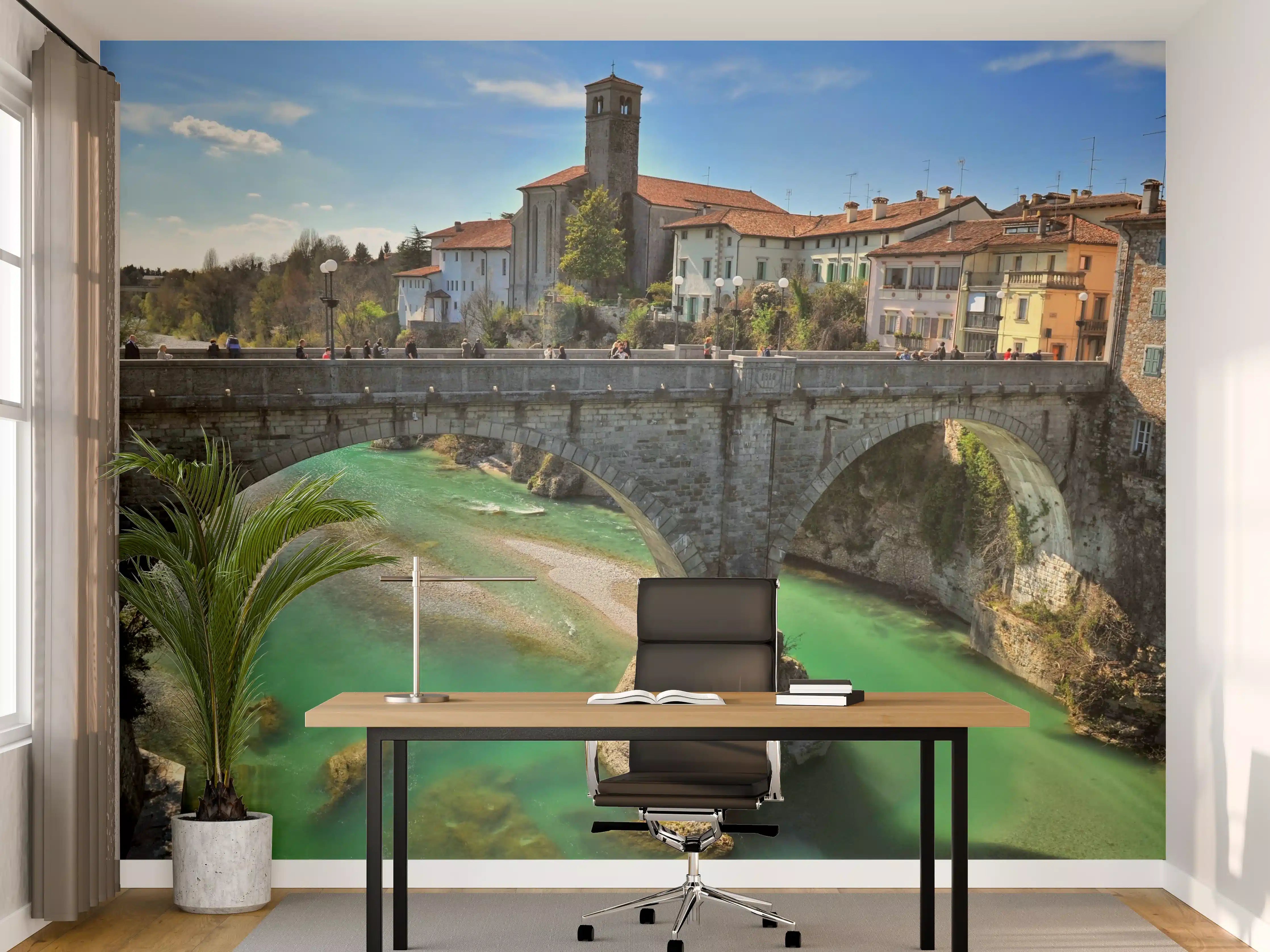 Büro Wandgestaltung - Alte Steinbrücke über klarem Fluss