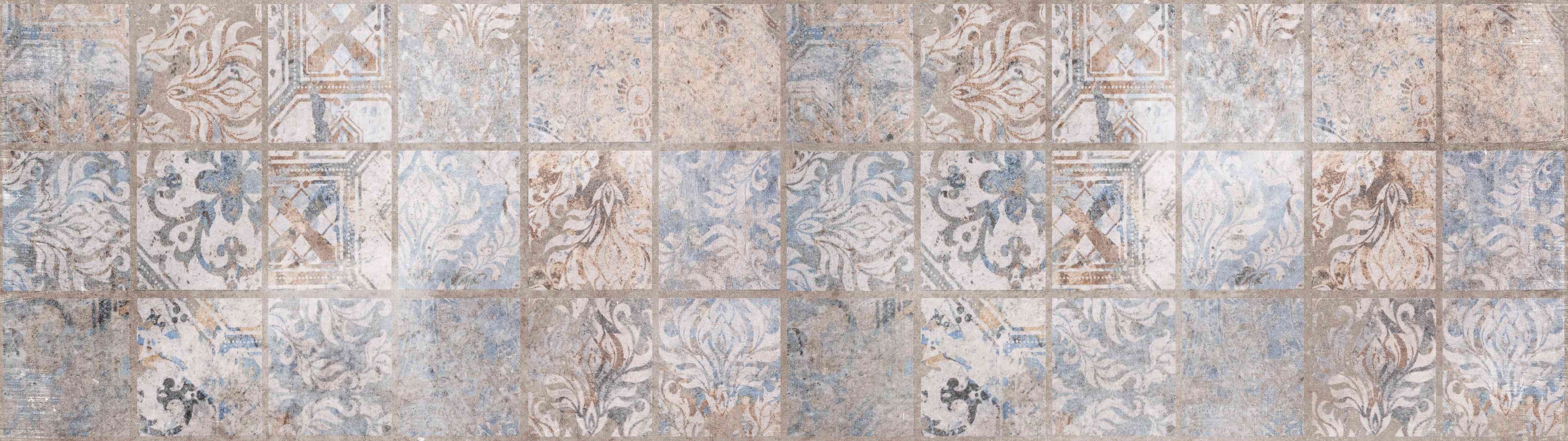 Büro Wandgestaltung-Altes blau-braun Patchwork Motiv