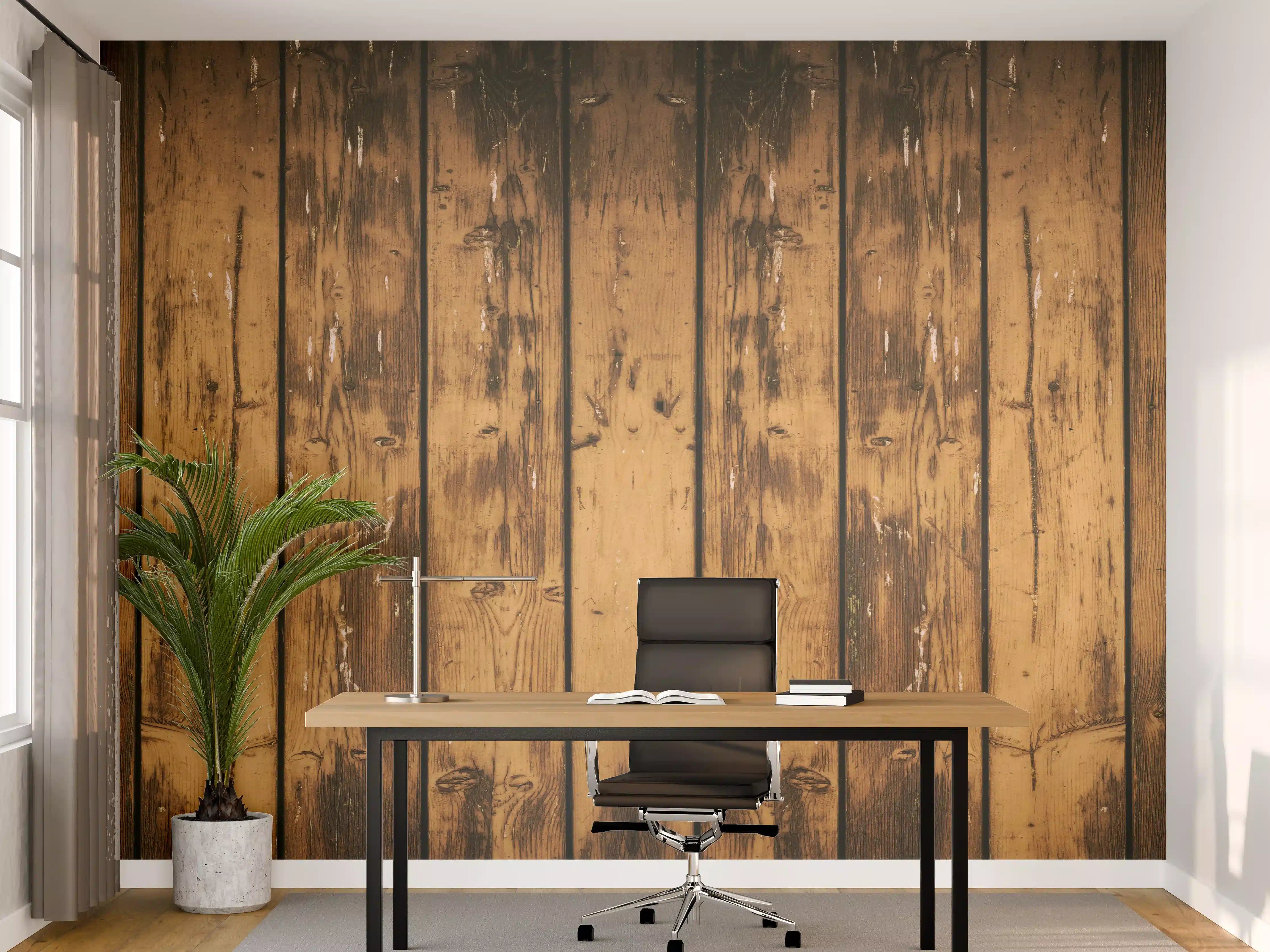 Büro Wandgestaltung - Aneinandergereihte leicht angebrannte Holzplatten