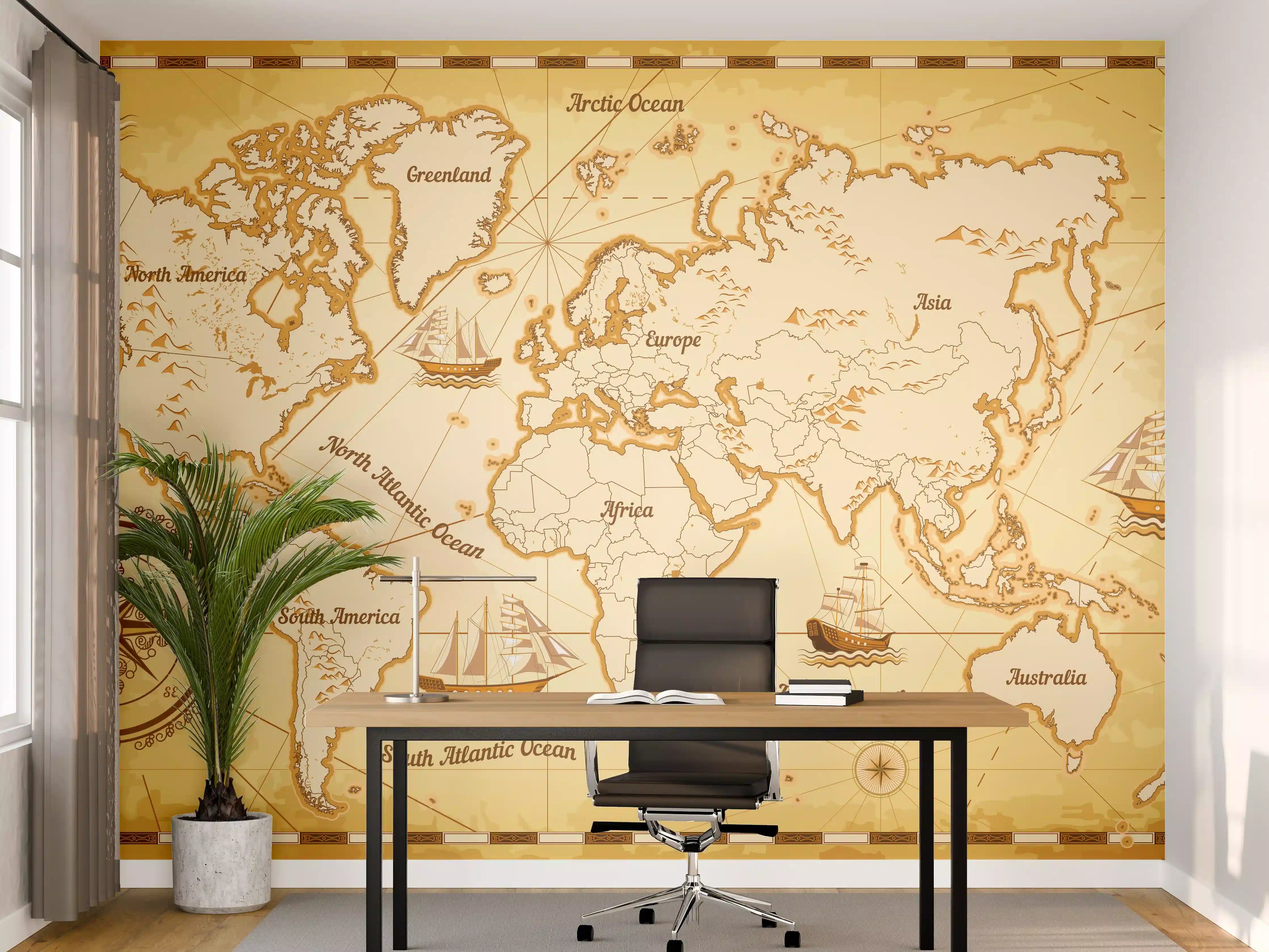 Büro Wandgestaltung - Antike Schatzkarte mit Weltkartenmotiven in Sepia-Tönen