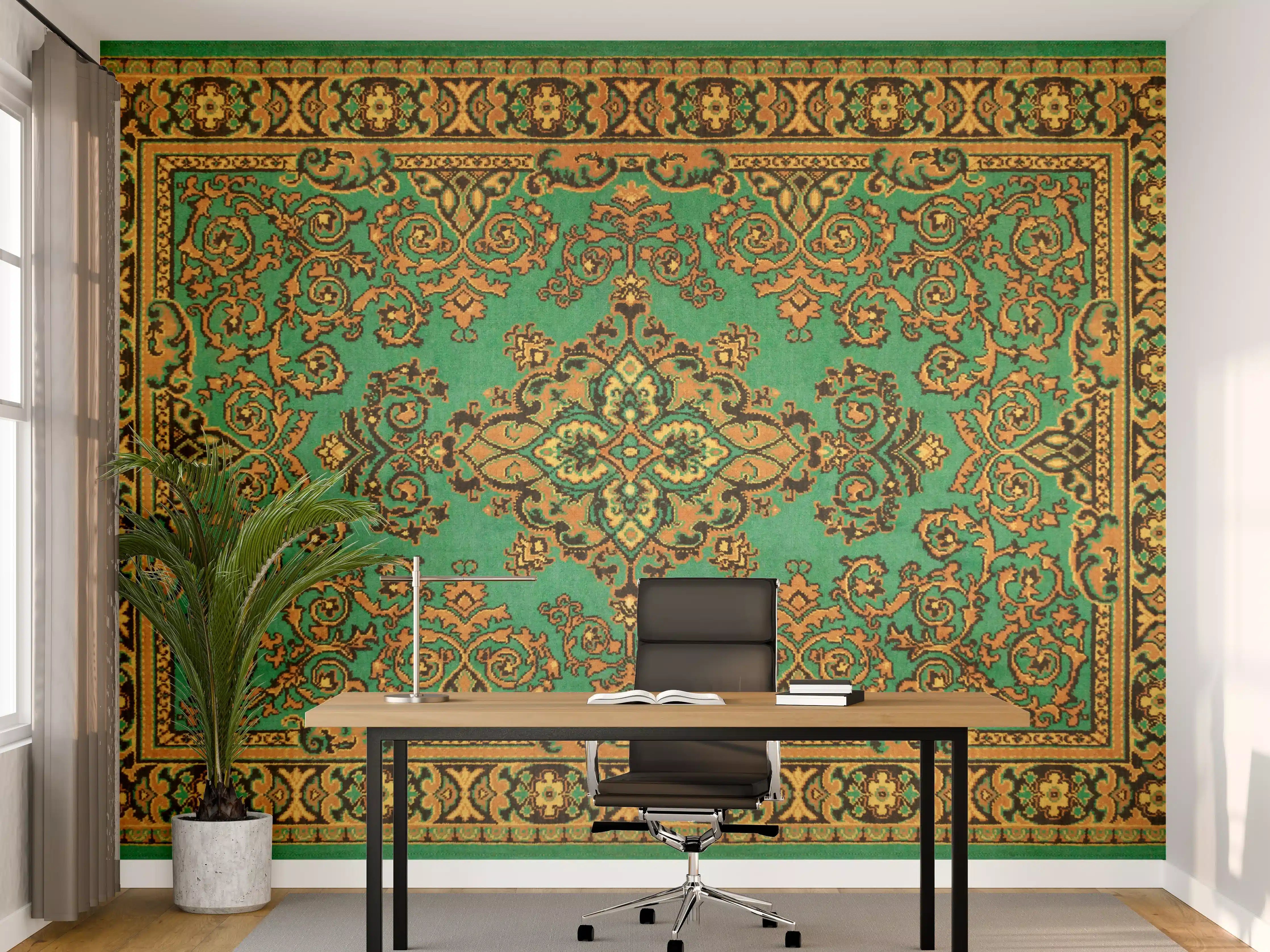 Büro Wandgestaltung - Antiker Perserteppich Grün-Orange